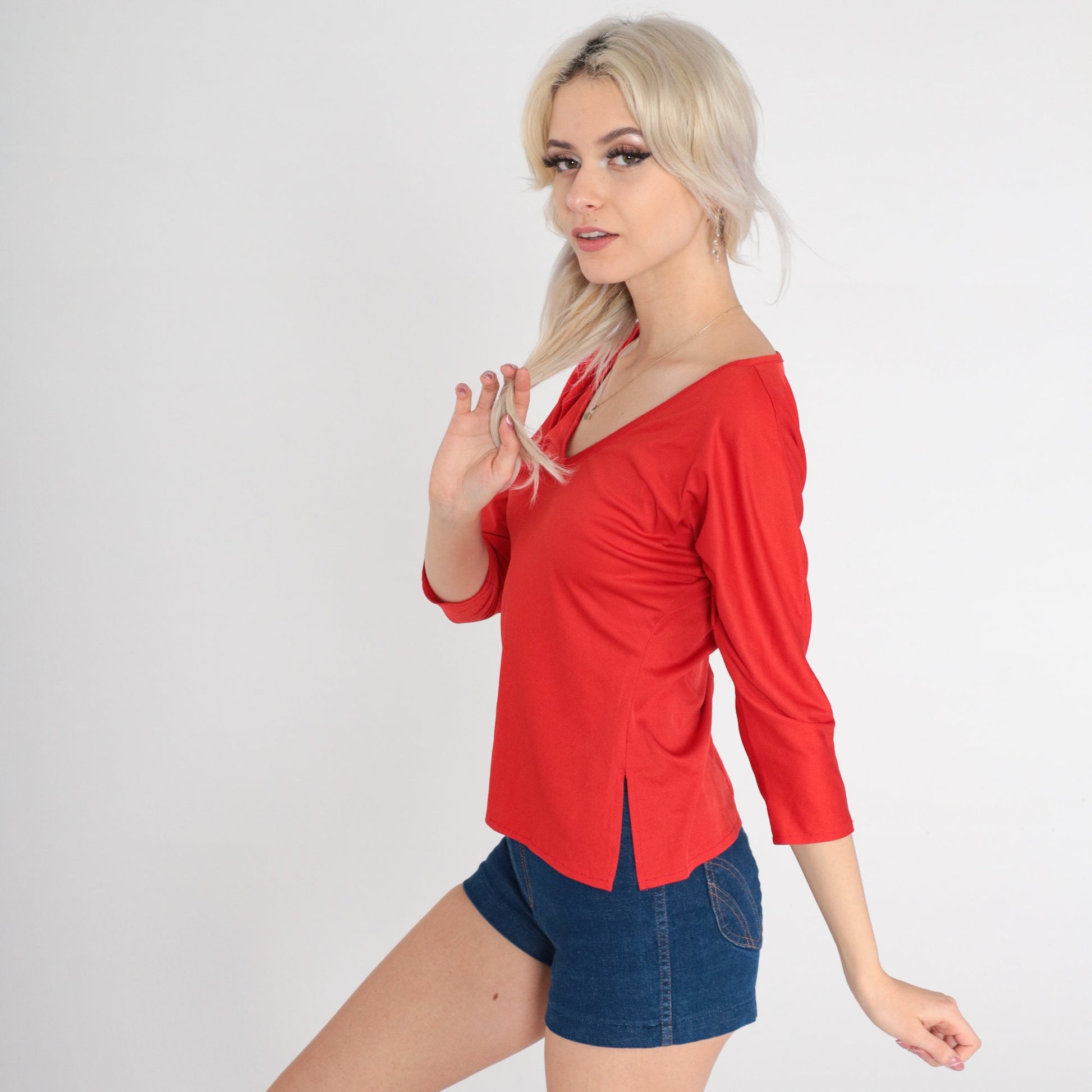 70s Red V-Neck Dolman Sleeve Blouse Polyester Vintage Small Medium