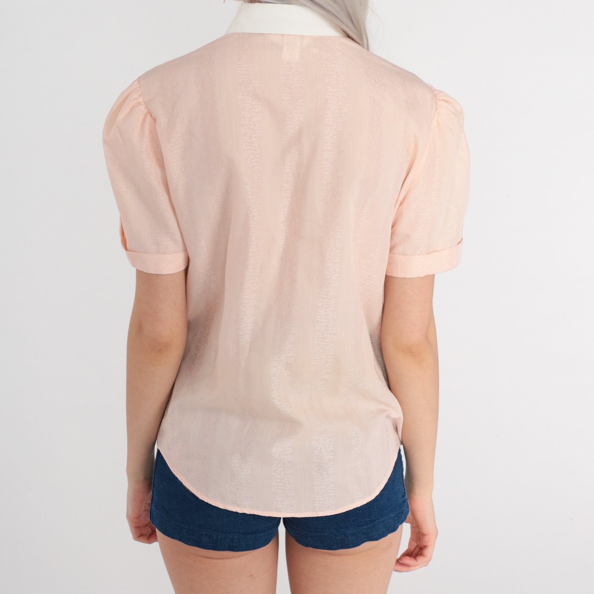 80s Peach Pink Embossed Floral Puff Sleeve Button Up Blouse Large