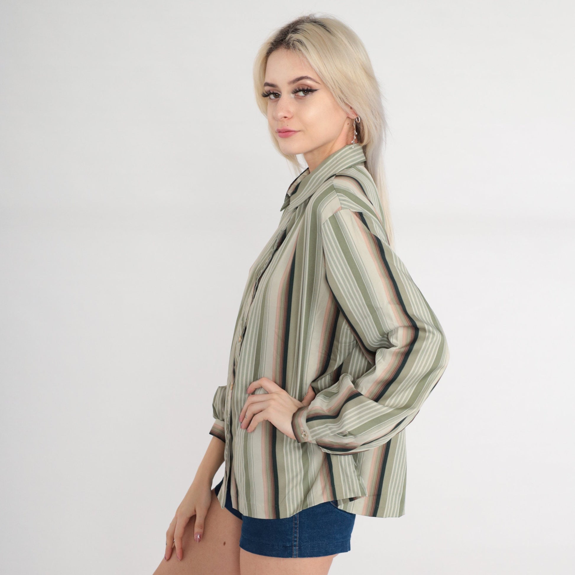 70s Lady Arrow Striped Button-Up Blouse Long Sleeve Collared Green Pink Large L