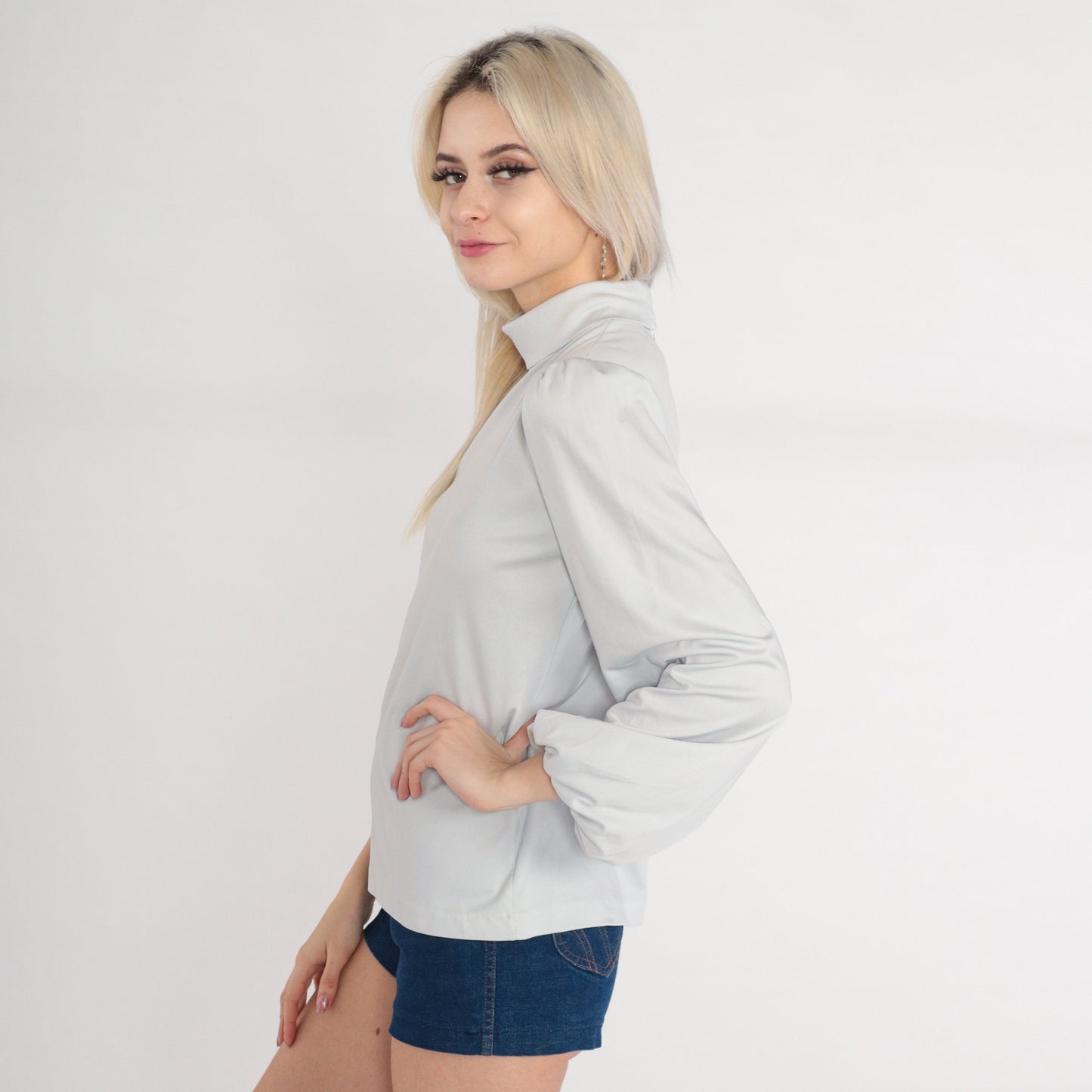 70s Cement Grey Mock Neck Puff Sleeve Blouse Small S