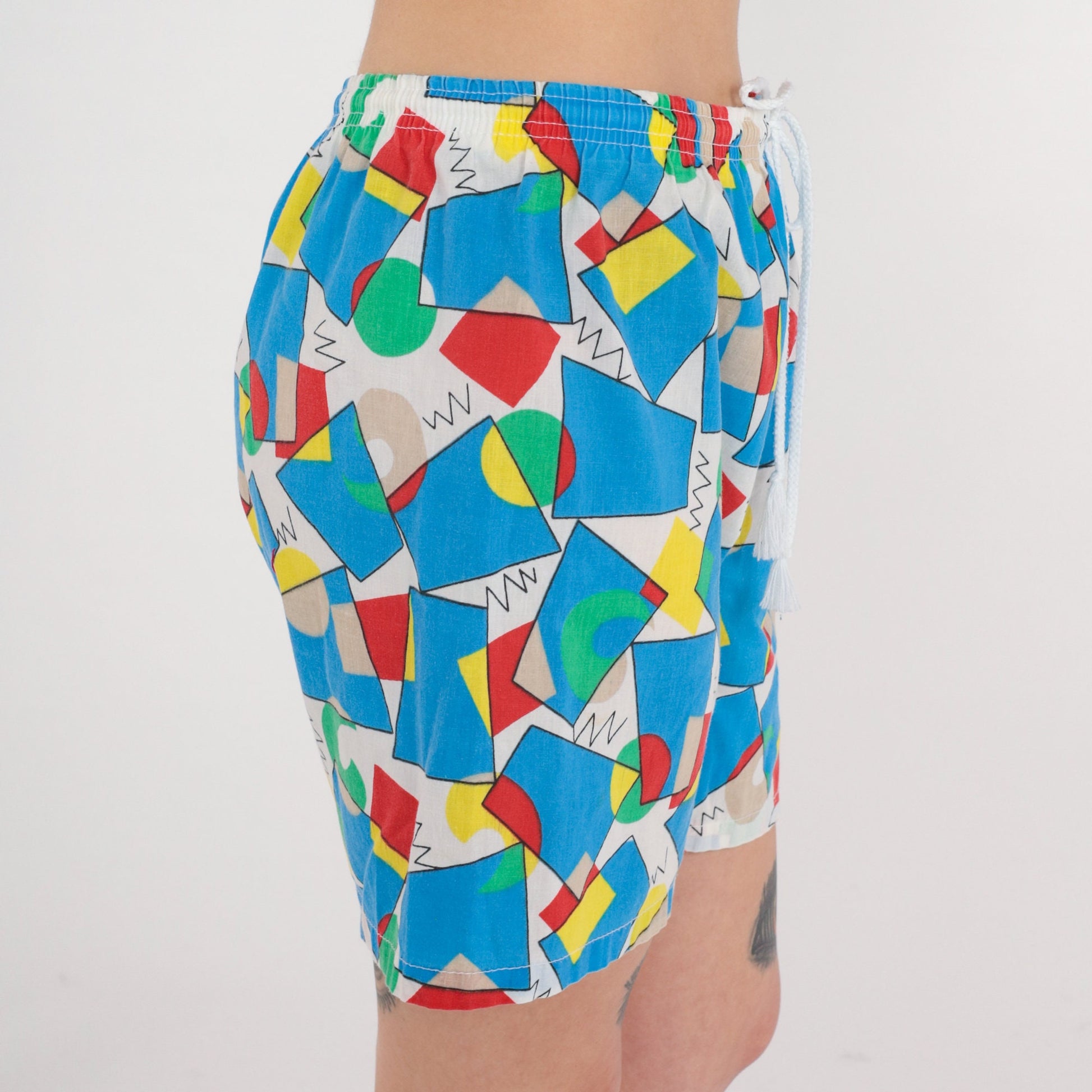 90s Geometric Shorts Bright Blue High Waist Drawstring Cotton Medium Large