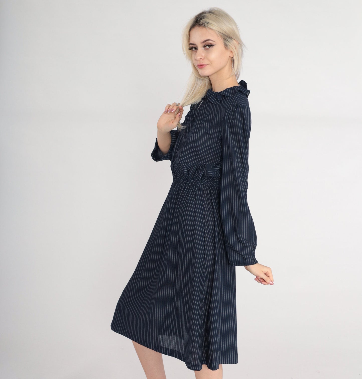 70s Navy Striped Midi Dress Puff Sleeve High Waist Ruffle Collar Small