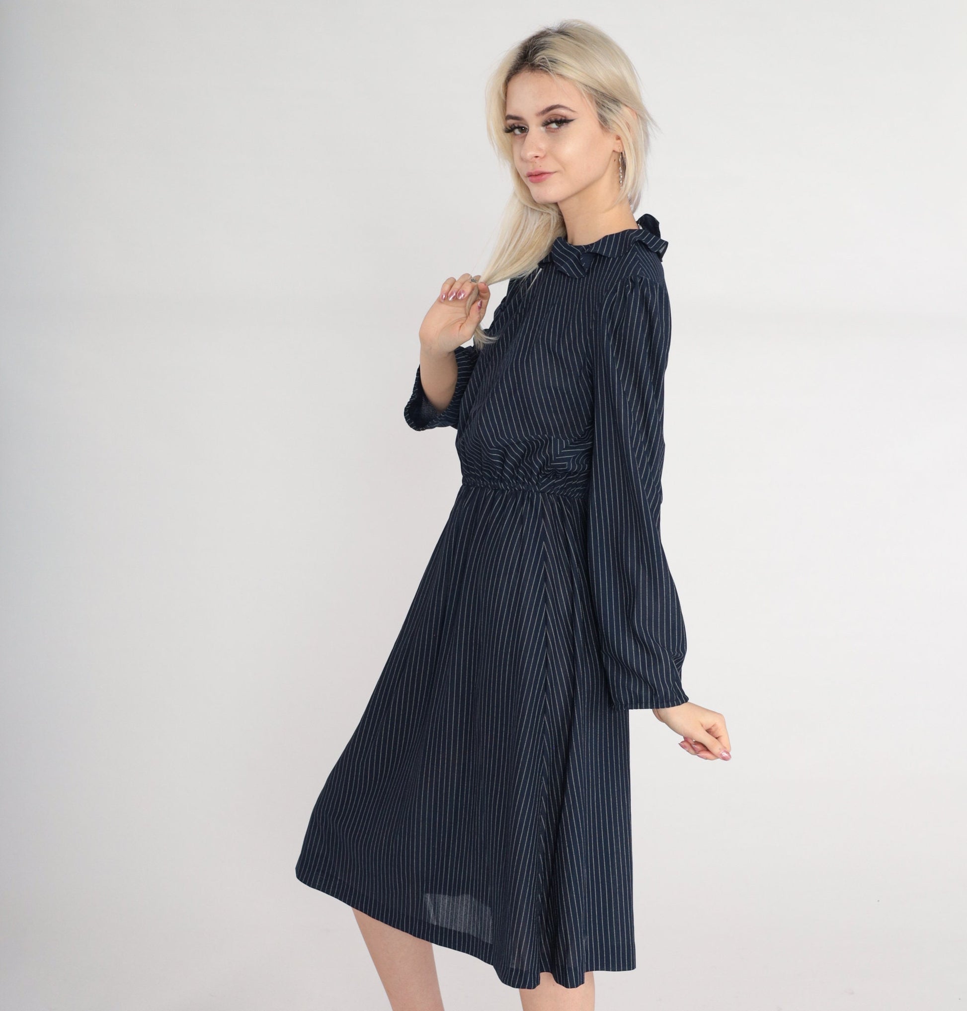 70s Navy Striped Midi Dress Puff Sleeve High Waist Ruffle Collar Small