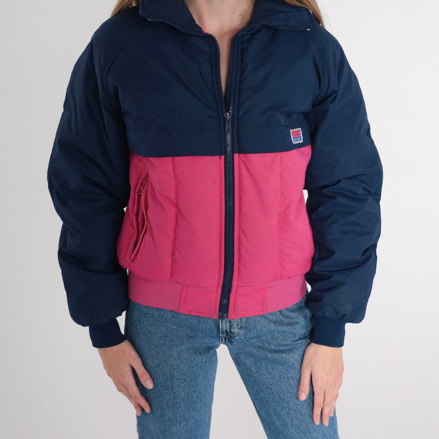 80s Sport Club Goose Down Puffer Jacket Navy Pink Color Block Ski Coat XS