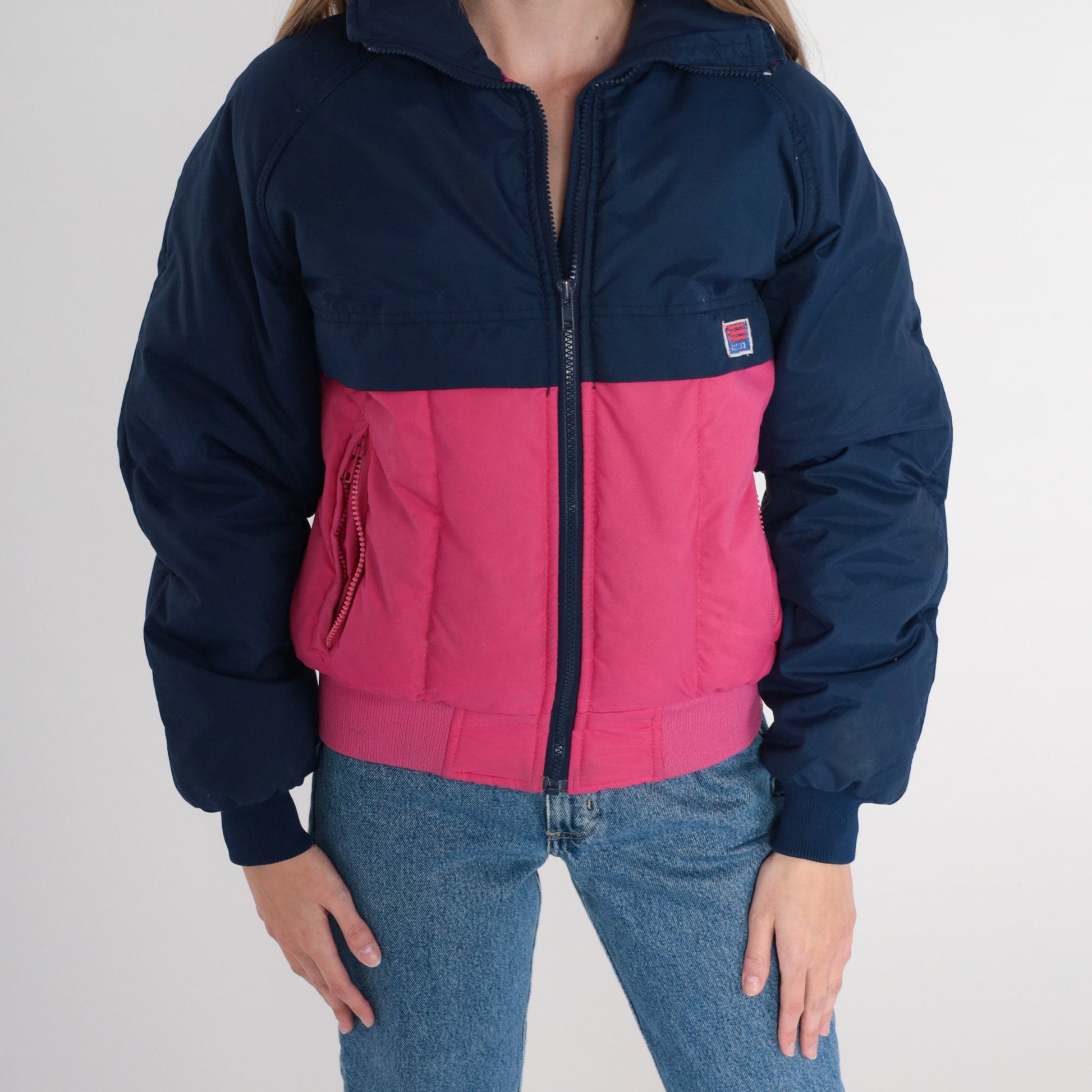 80s Sport Club Goose Down Puffer Jacket Navy Pink Color Block Ski Coat XS