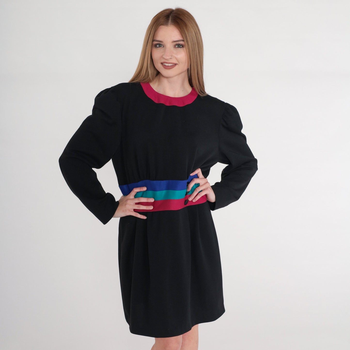 80s Leslie Fay Black Striped Mini Dress Puff Sleeve Shift Medium Large