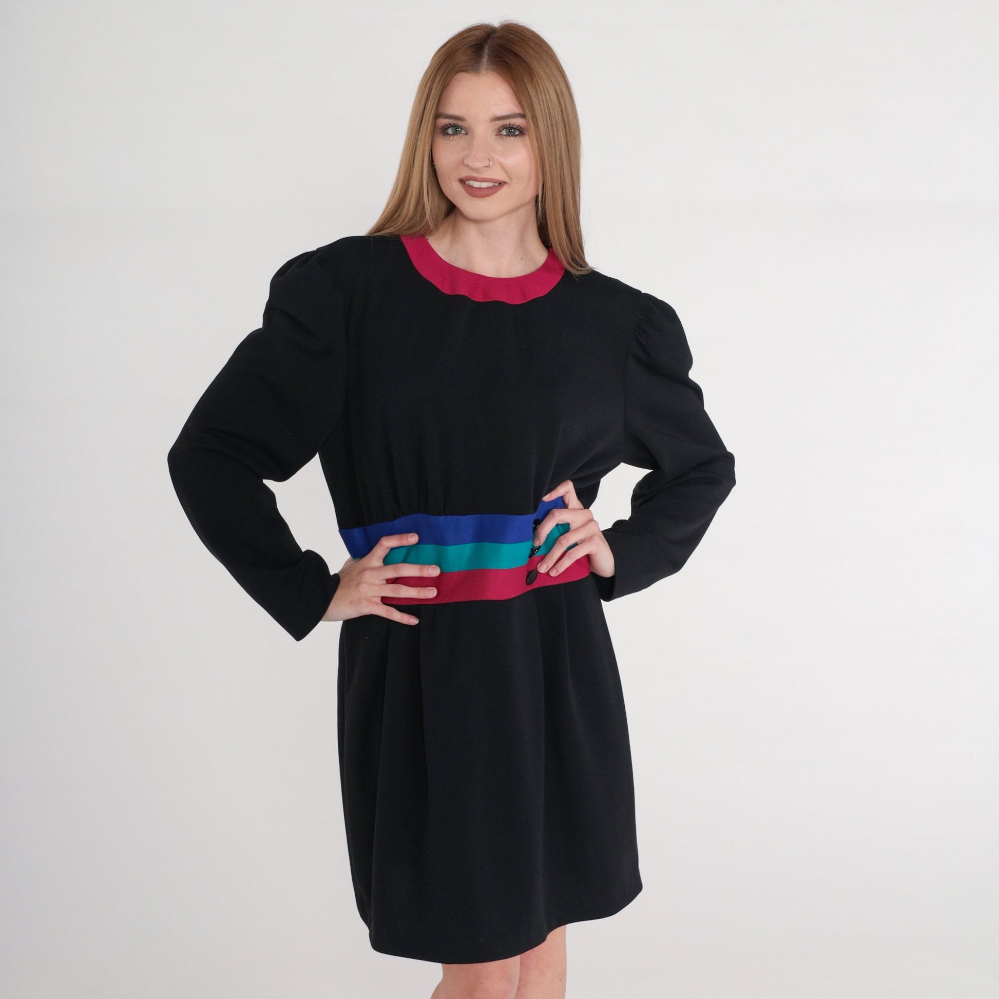 80s Leslie Fay Black Striped Mini Dress Puff Sleeve Shift Medium Large
