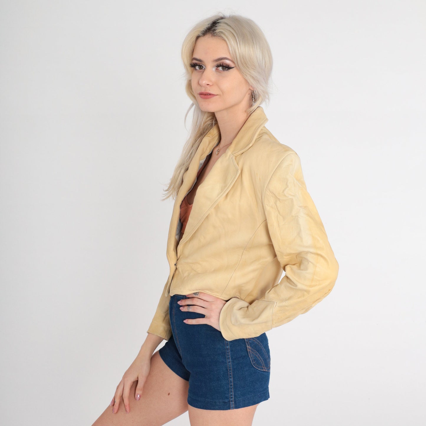 80s Pioneer Wear Leather Blazer Cropped Deep V Neck Sand Yellow Extra Small