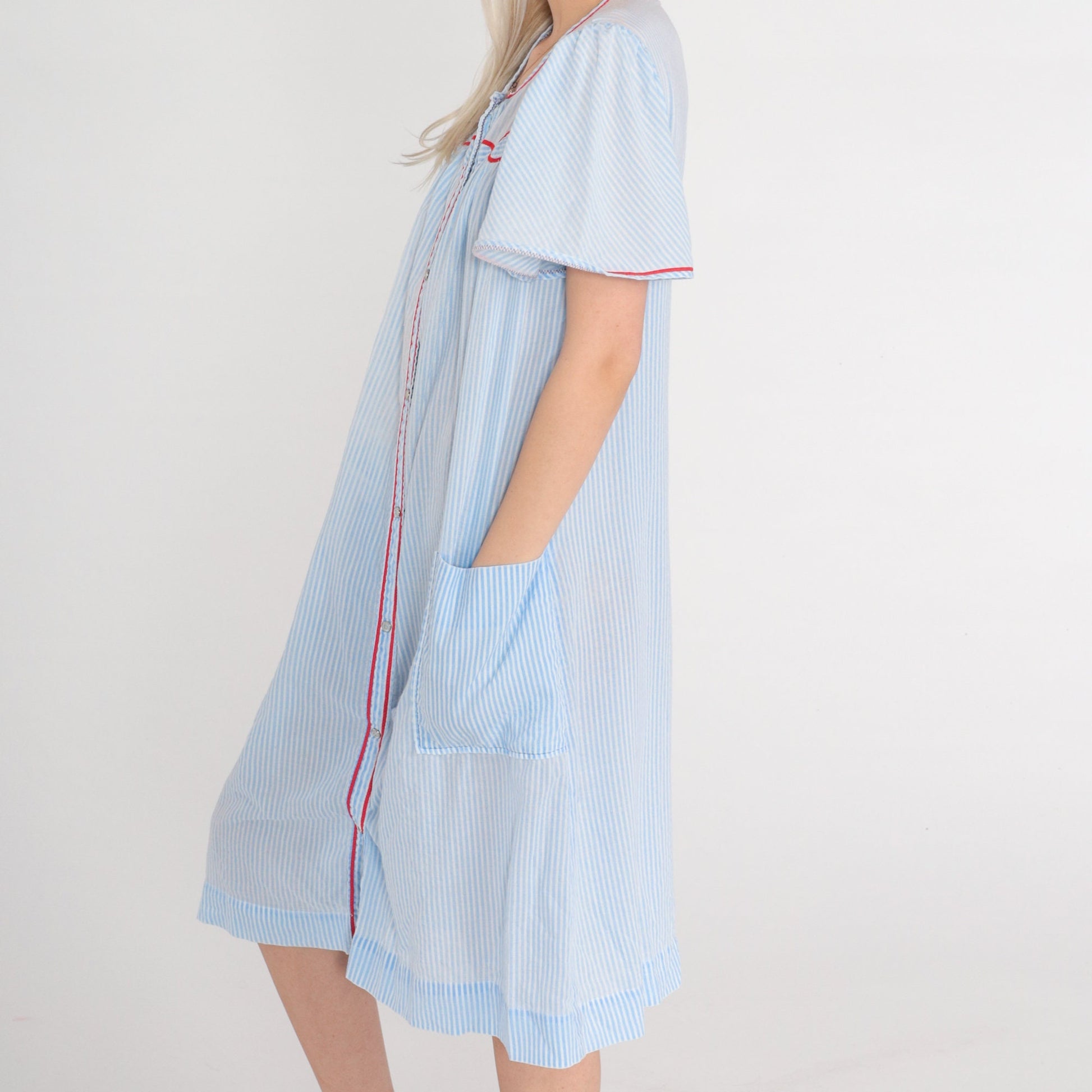 80s Striped Midi Lounge Dress Blue White Puff Sleeve Button-Up Medium