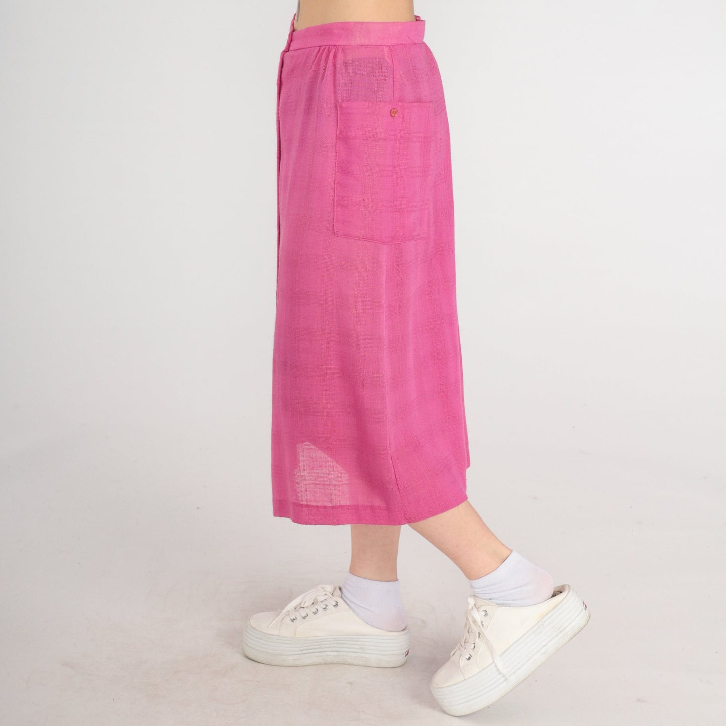 80s Pink Button-Up Midi Skirt High Waist Sheer Medium