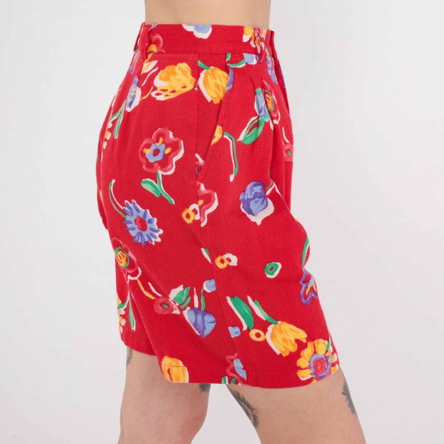 90s Red Floral High-Waisted Shorts Cotton Pockets Small