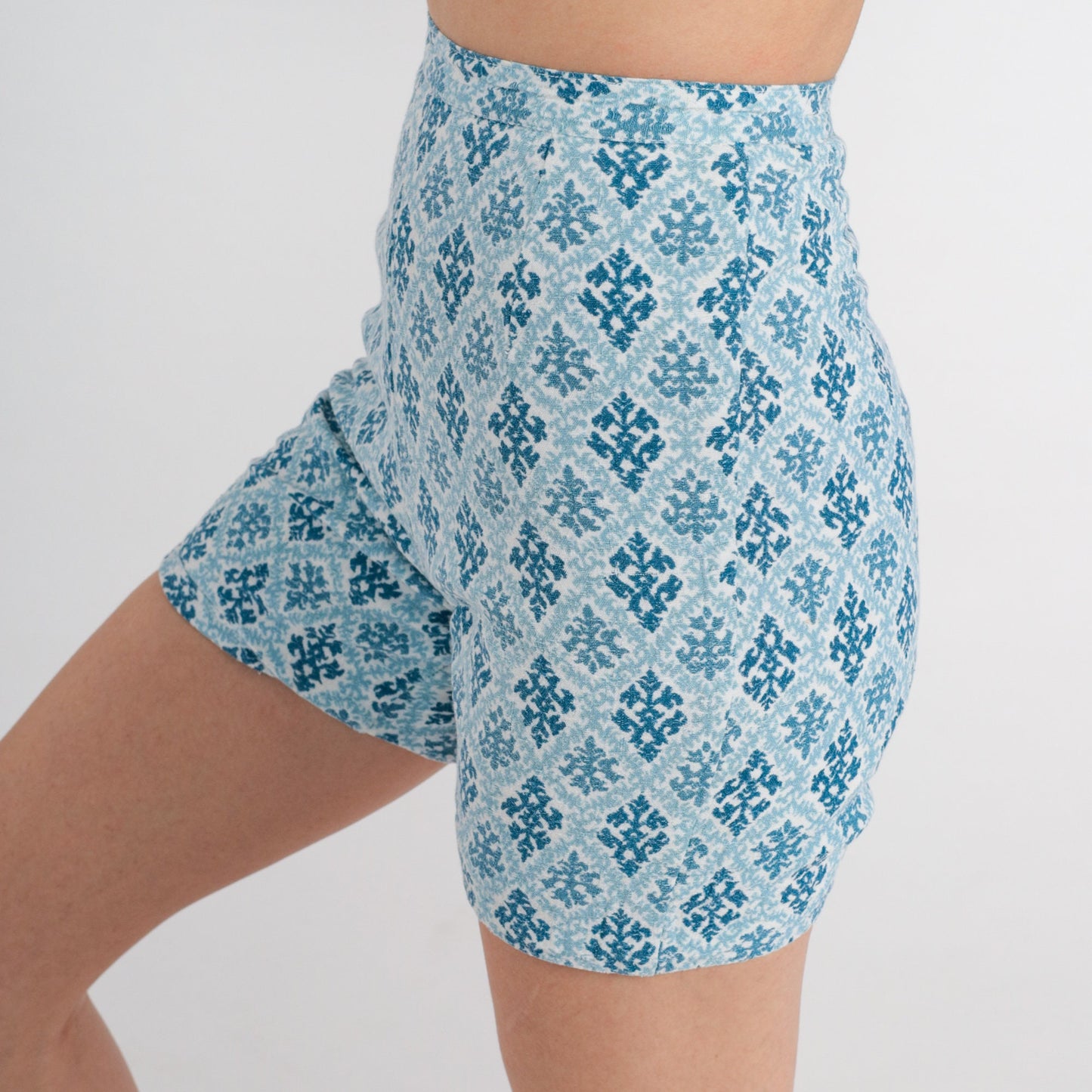 60s Blue Tapestry Print High-Waist Shorts Geometric XXS