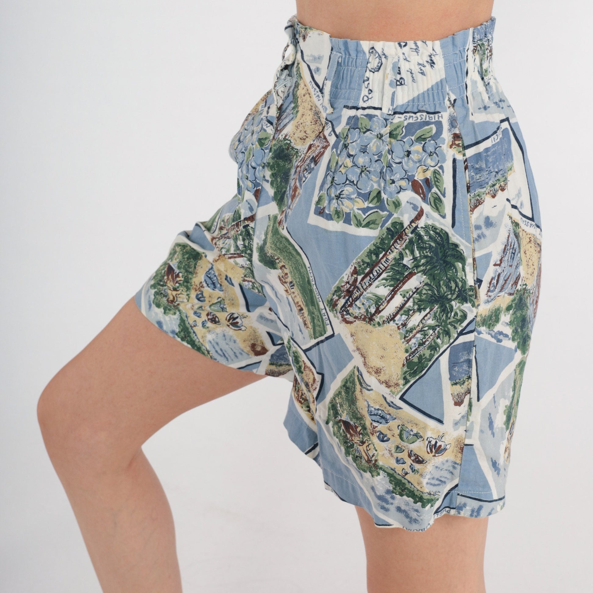 90s Bahamas Postcard Pleated High-Waist Shorts Blue Cotton Small