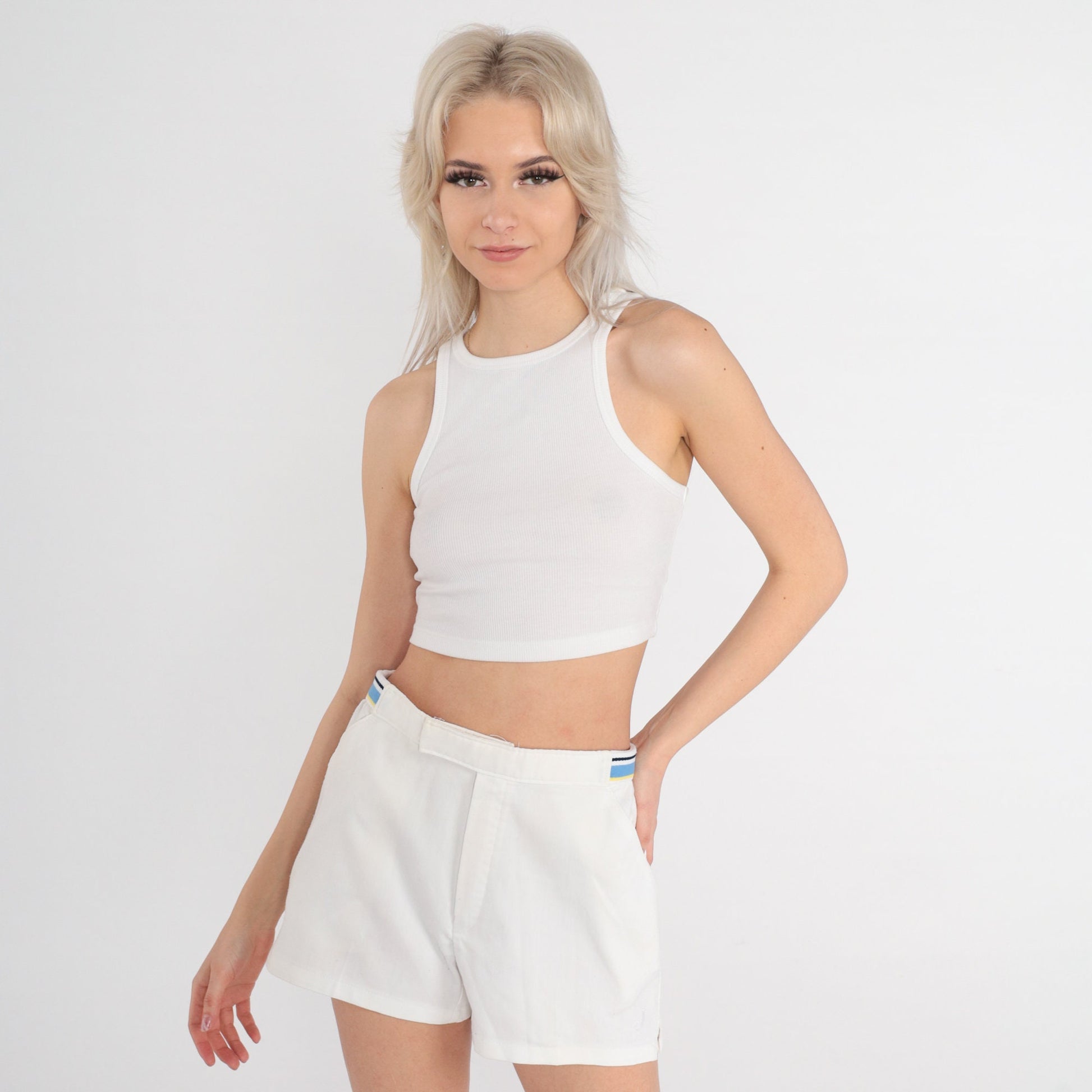 80s Jantzen White Tennis Shorts Blue Stripe High-Waist Small