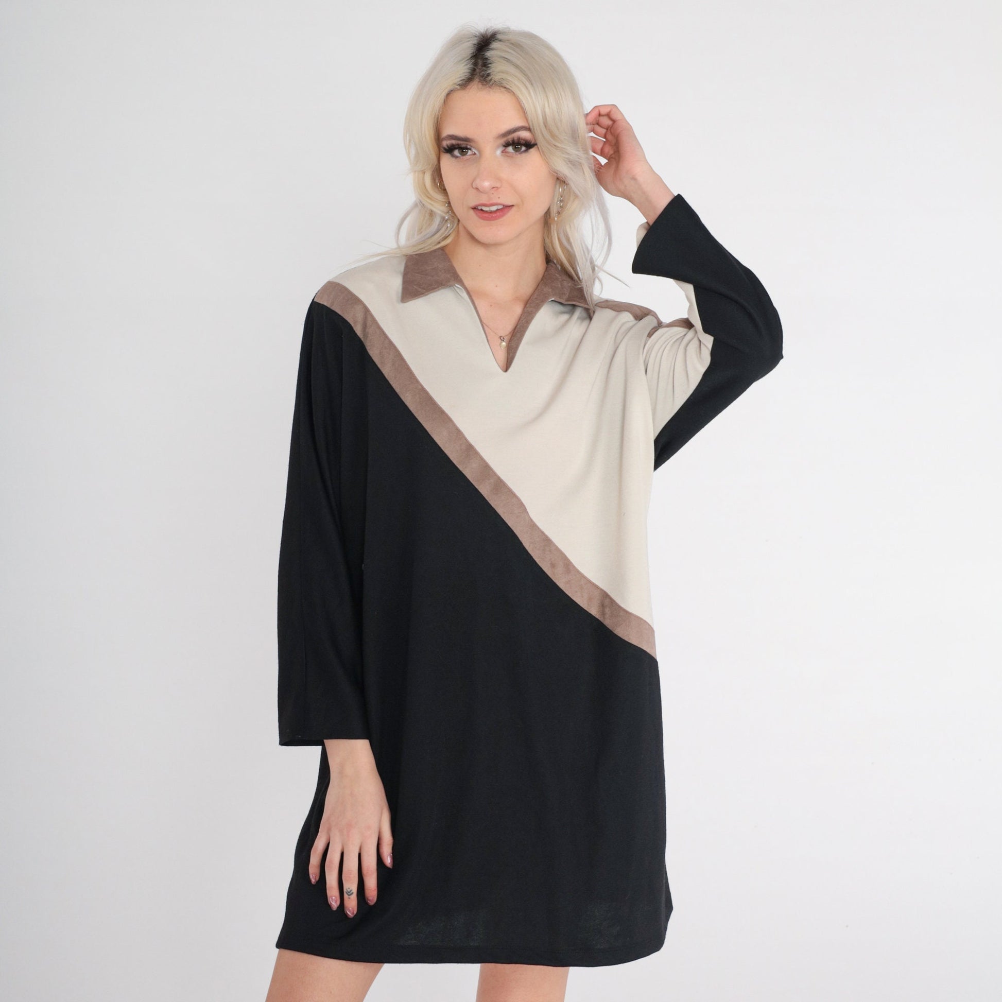 70s Shift Dress Faux Suede Leaf Print Colour Block Mini Black Beige Large
