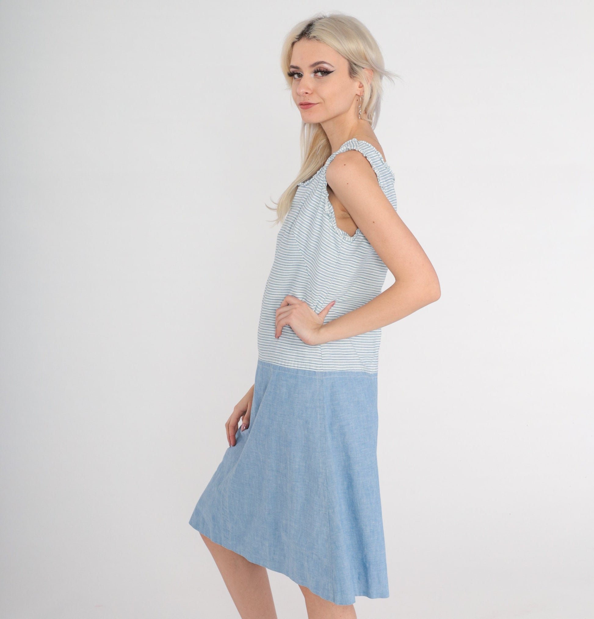 60s Mod Shift Dress Blue White Striped Mini Drop Waist Sleeveless Small