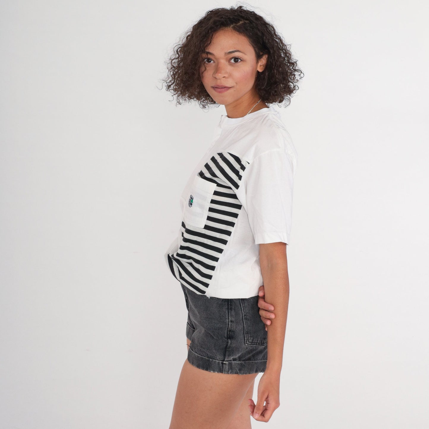 90s Giordano Striped Henley Shirt White Black Short Sleeve Medium