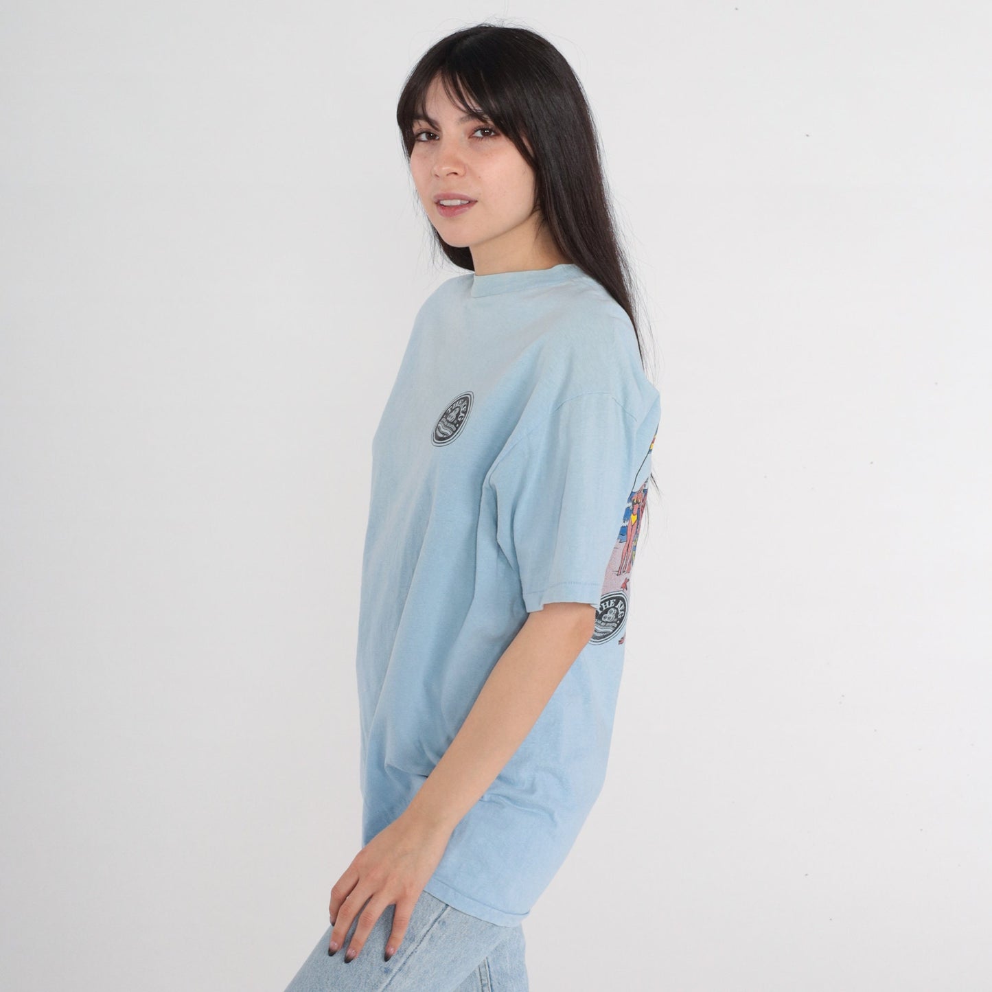 80s The Keg Steak and Seafood T-Shirt Baby Blue Gumby Graphic Tee Medium