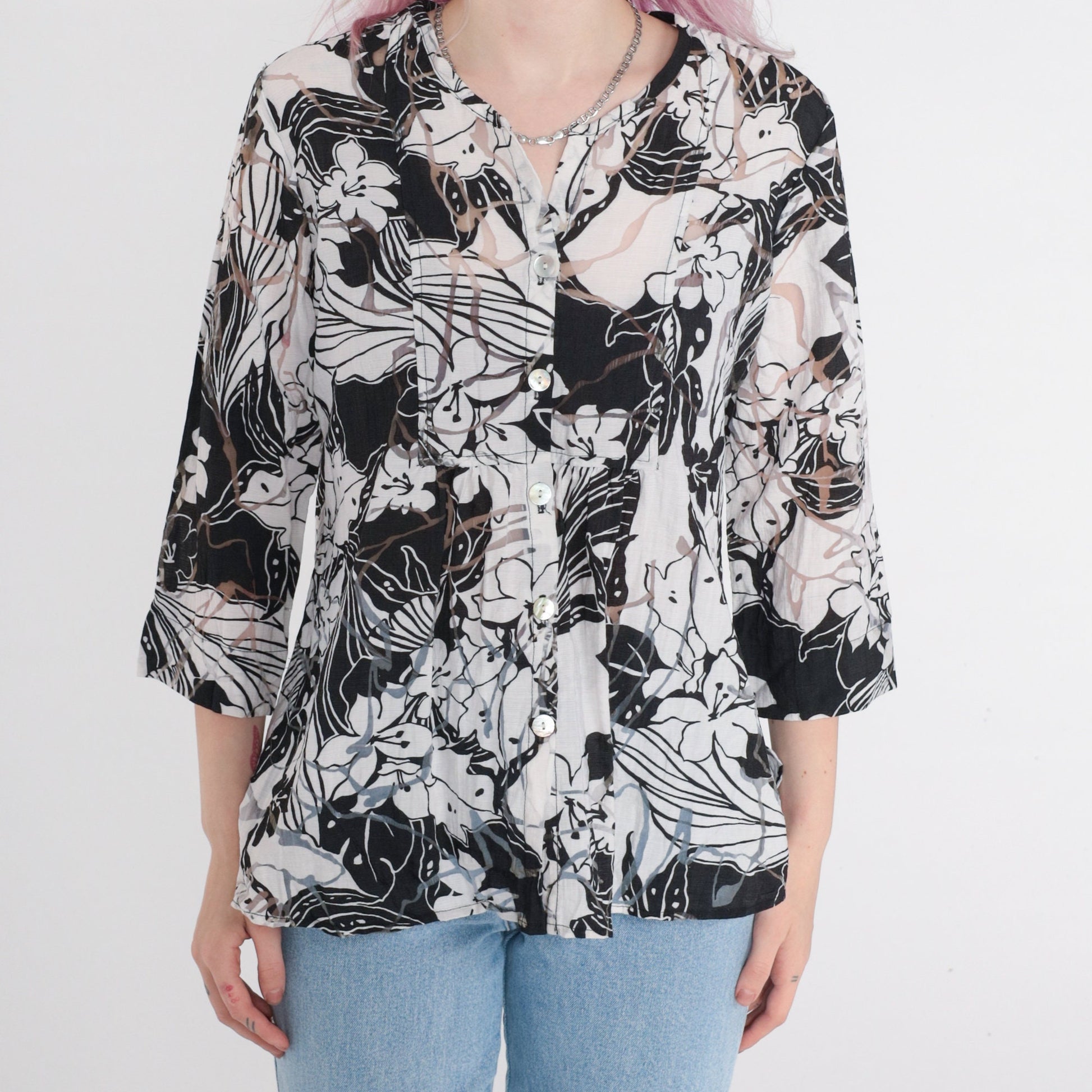 Y2K Sheer Floral Blouse Black White Button Up 3/4 Sleeve Medium M