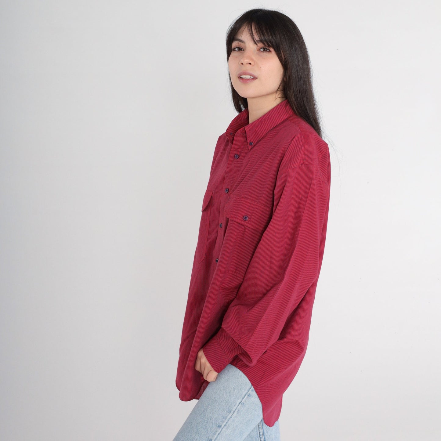 80s Levi's Railroad Stripe Button-Up Shirt Red Navy Long Sleeve Large