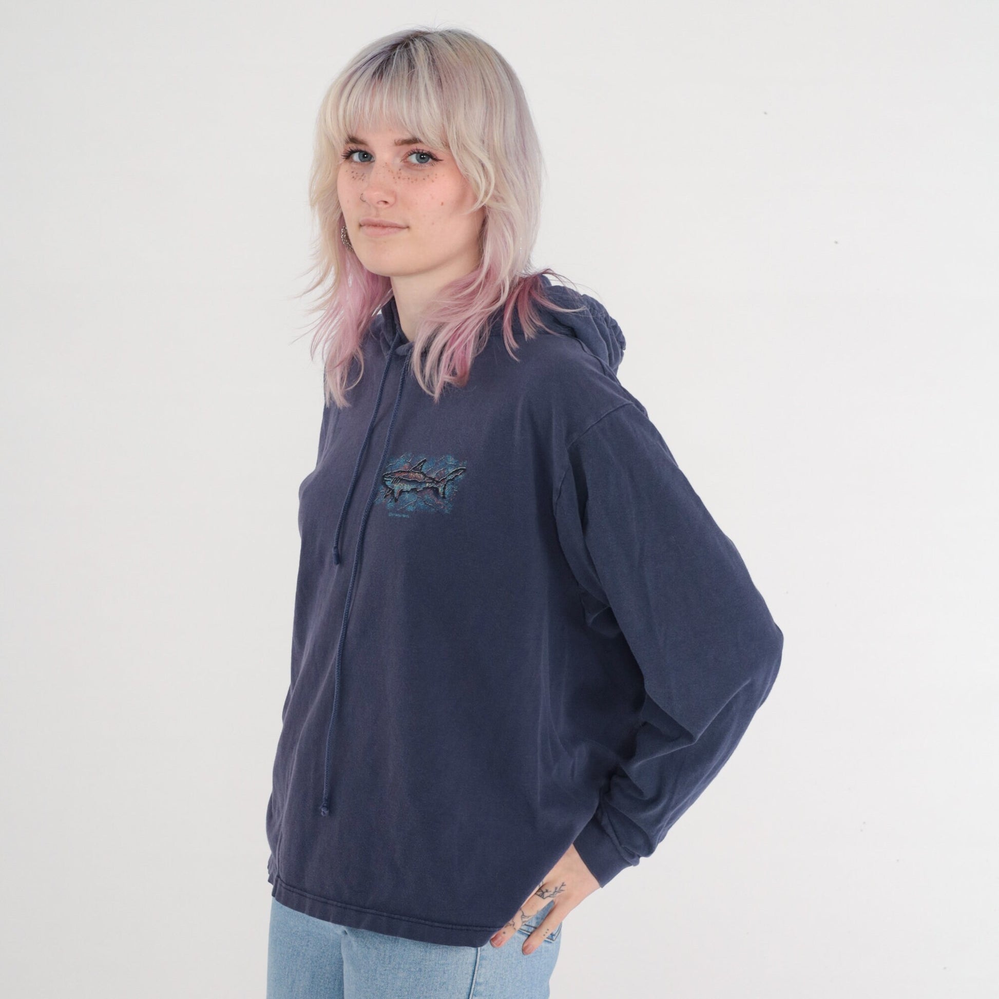 90s Crazy Shirts Laguna Beach Shark Hooded T-Shirt Navy Medium