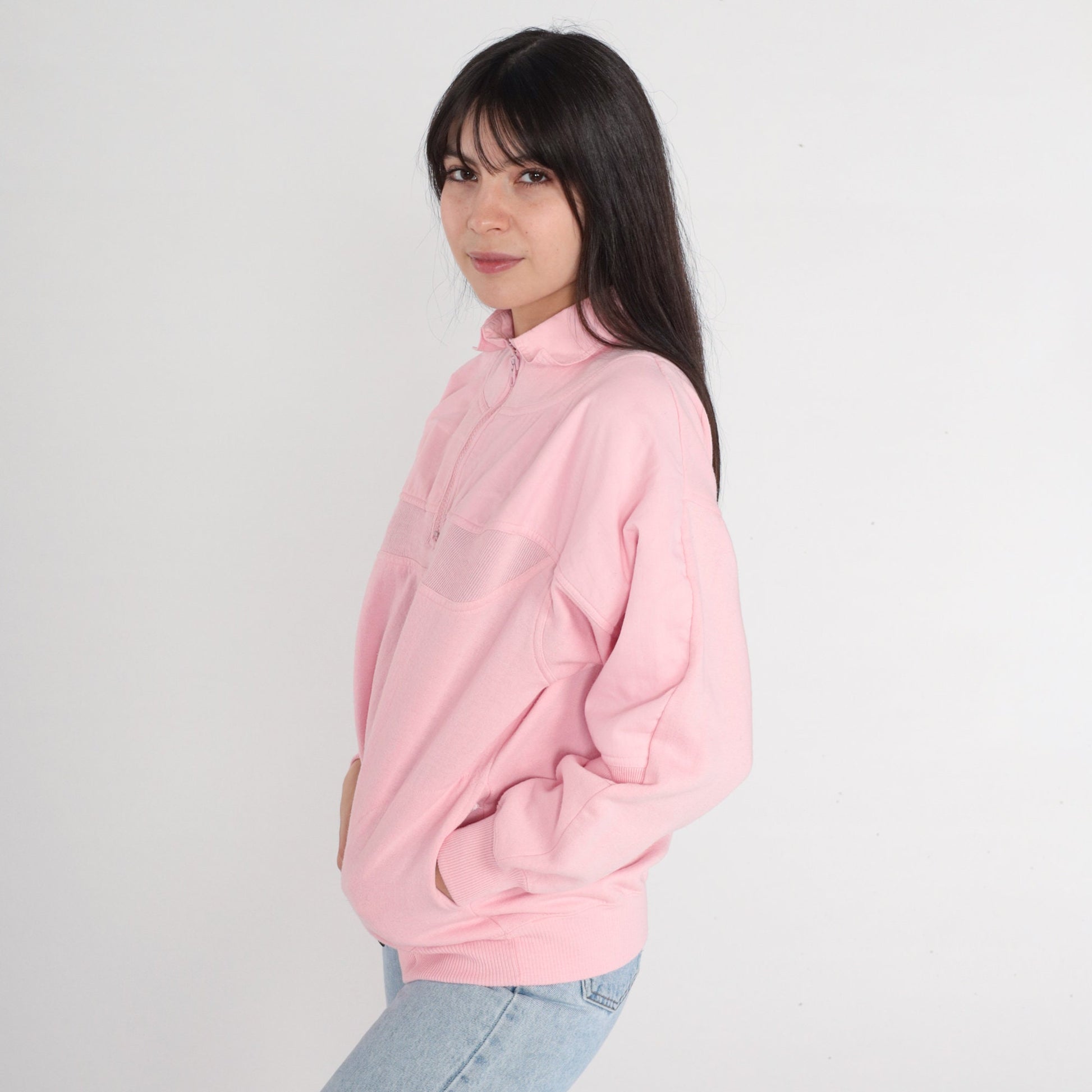 80s Baby Pink Quarter Zip Sweatshirt Striped Collar Pullover Small