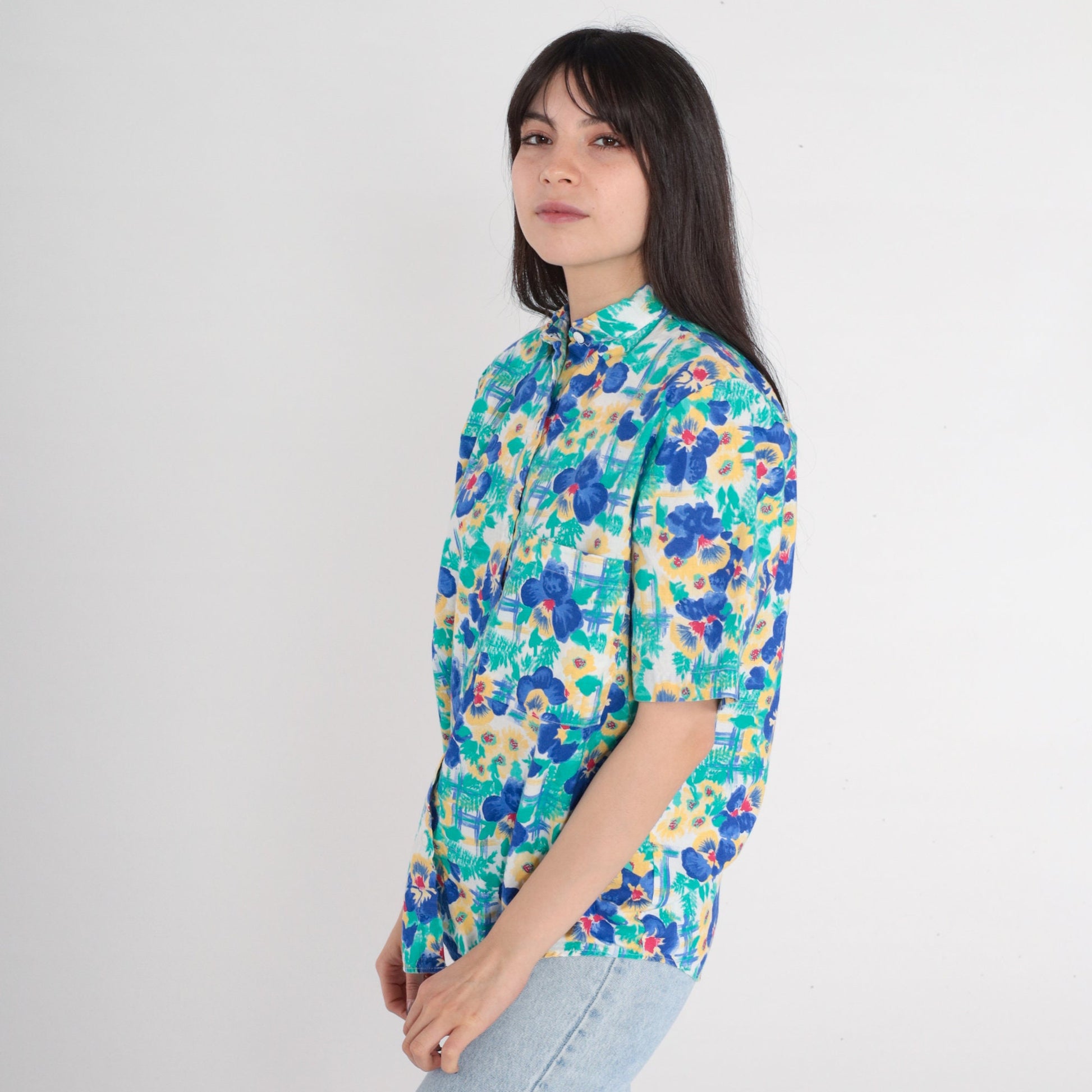90s Cherokee Floral Button-Up Blouse Short Sleeve Cotton Green Blue Yellow Red Small S