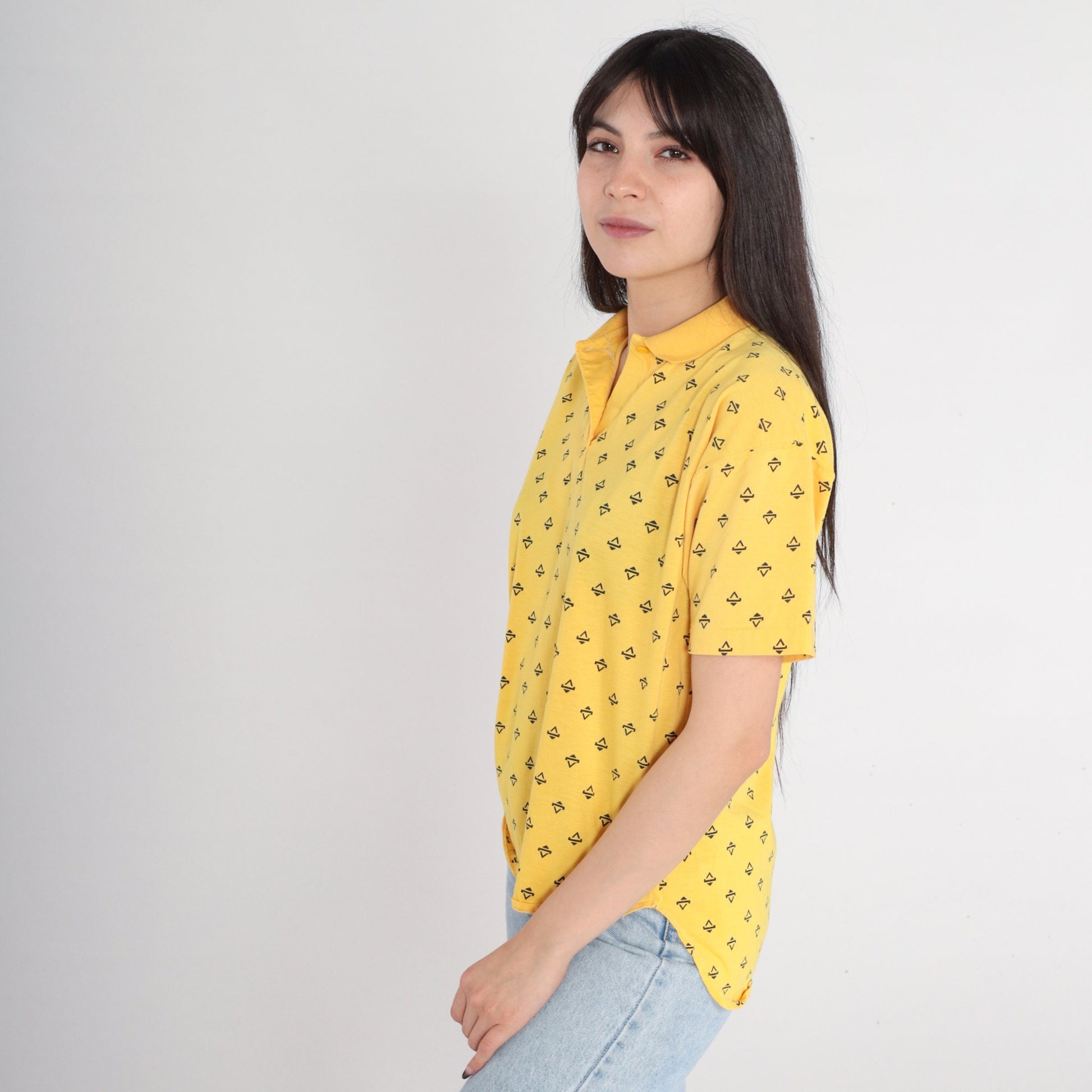 80s Yellow Polo Shirt Triangle Print Half Button Collared Top Medium
