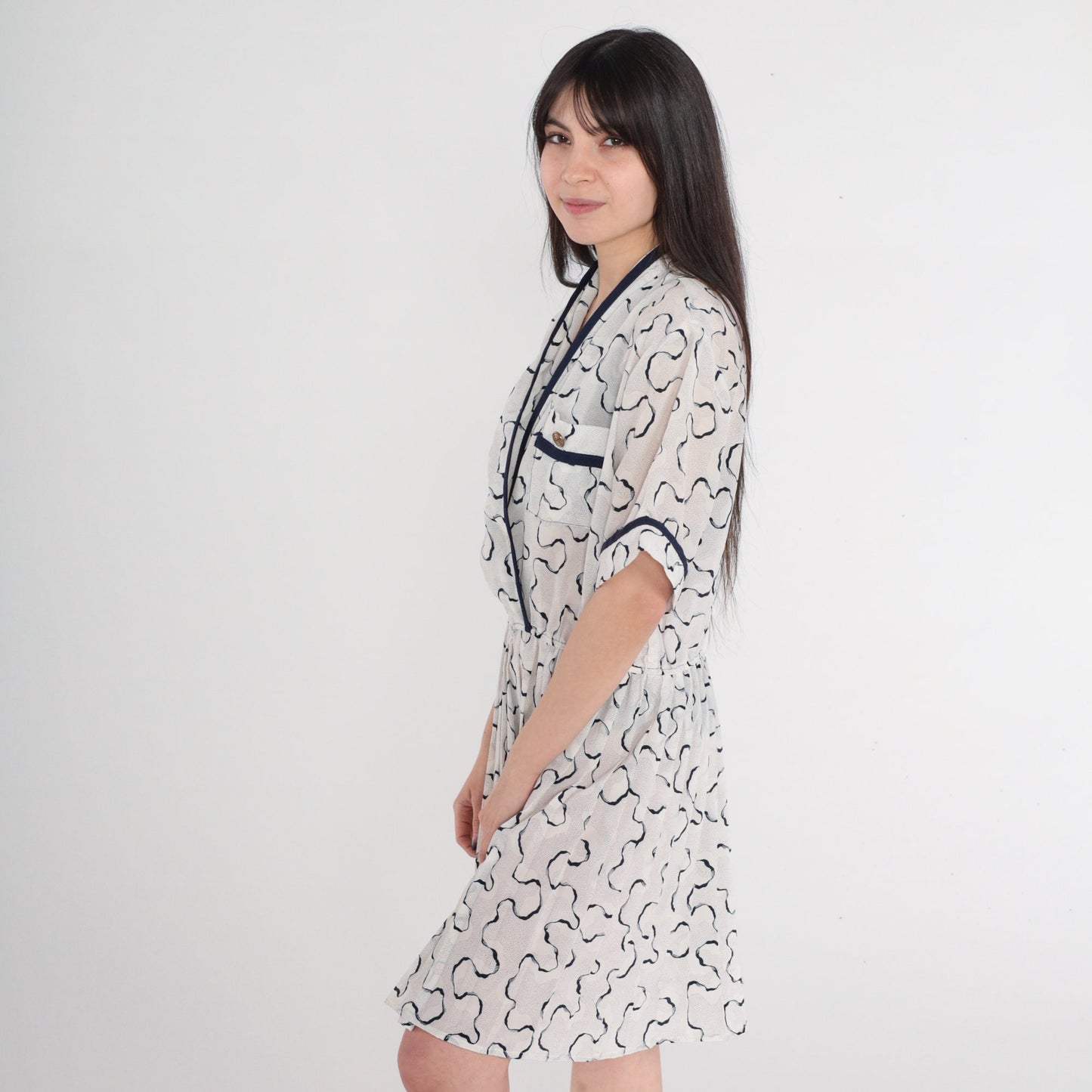 80s Squiggle Print Mini Dress White Navy Faux Wrap Pleated V-Neck Large