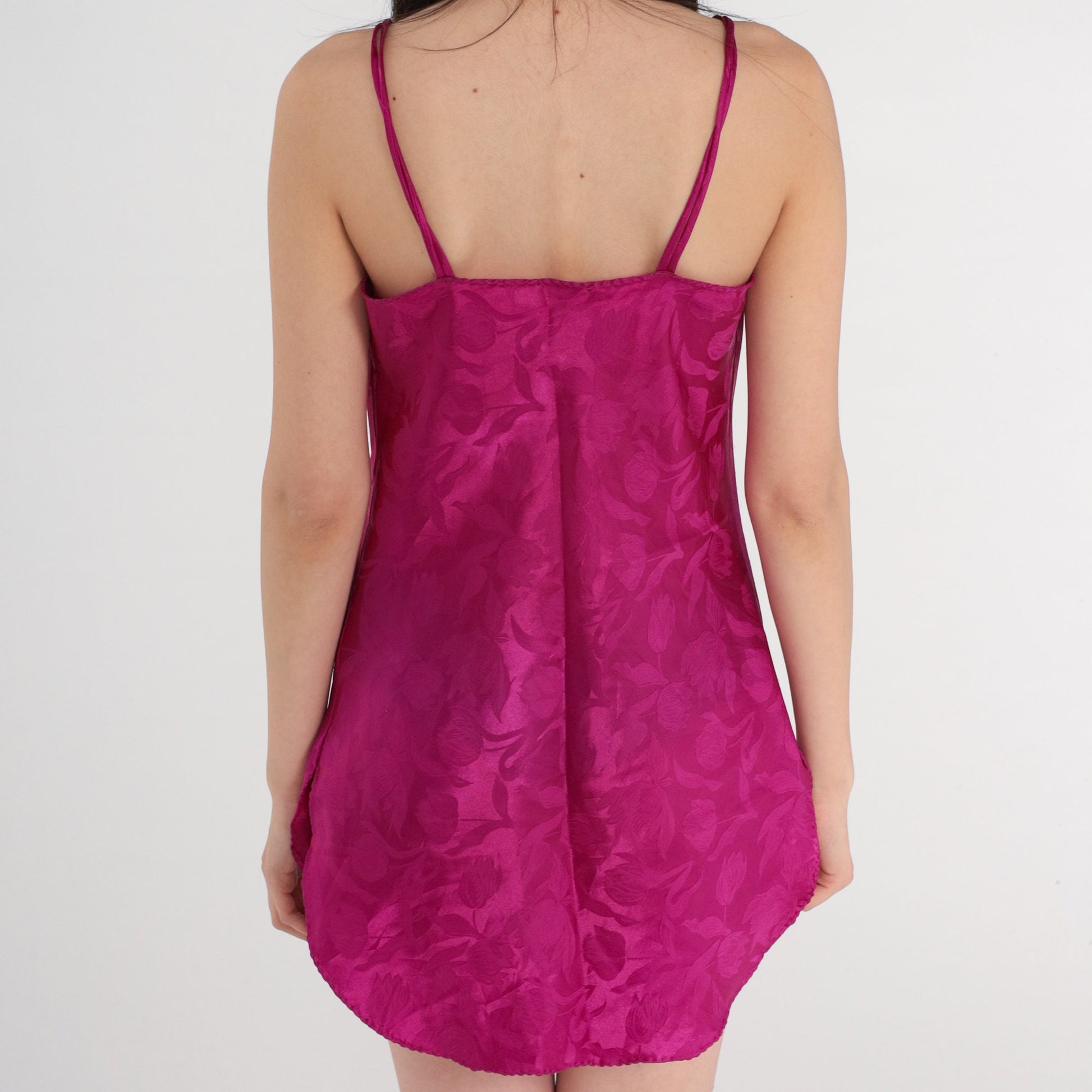 80s Magenta Floral Embossed Slip Dress Mini Spaghetti Strap Side Slit Small