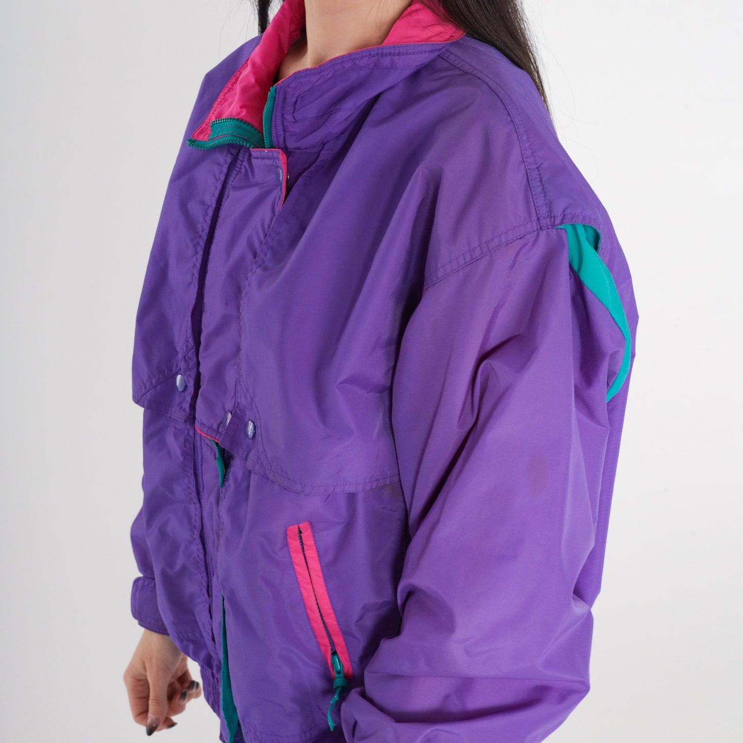 90s Cabin Creek Purple Puffer Ski Jacket Nylon Pink Green Trim Large L