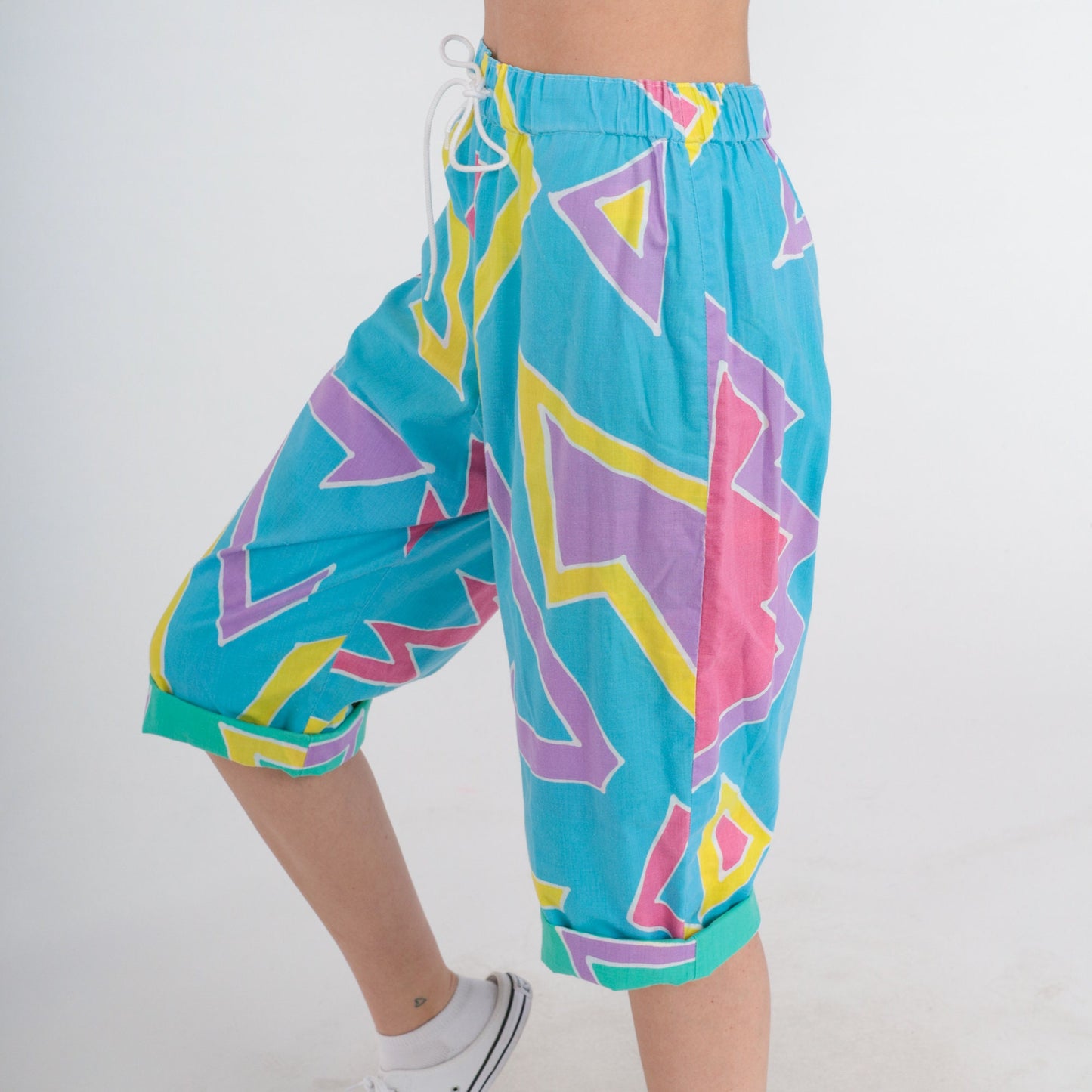 80s Blue Capri Pants Abstract Geometric Print High Waist Drawstring Small Medium
