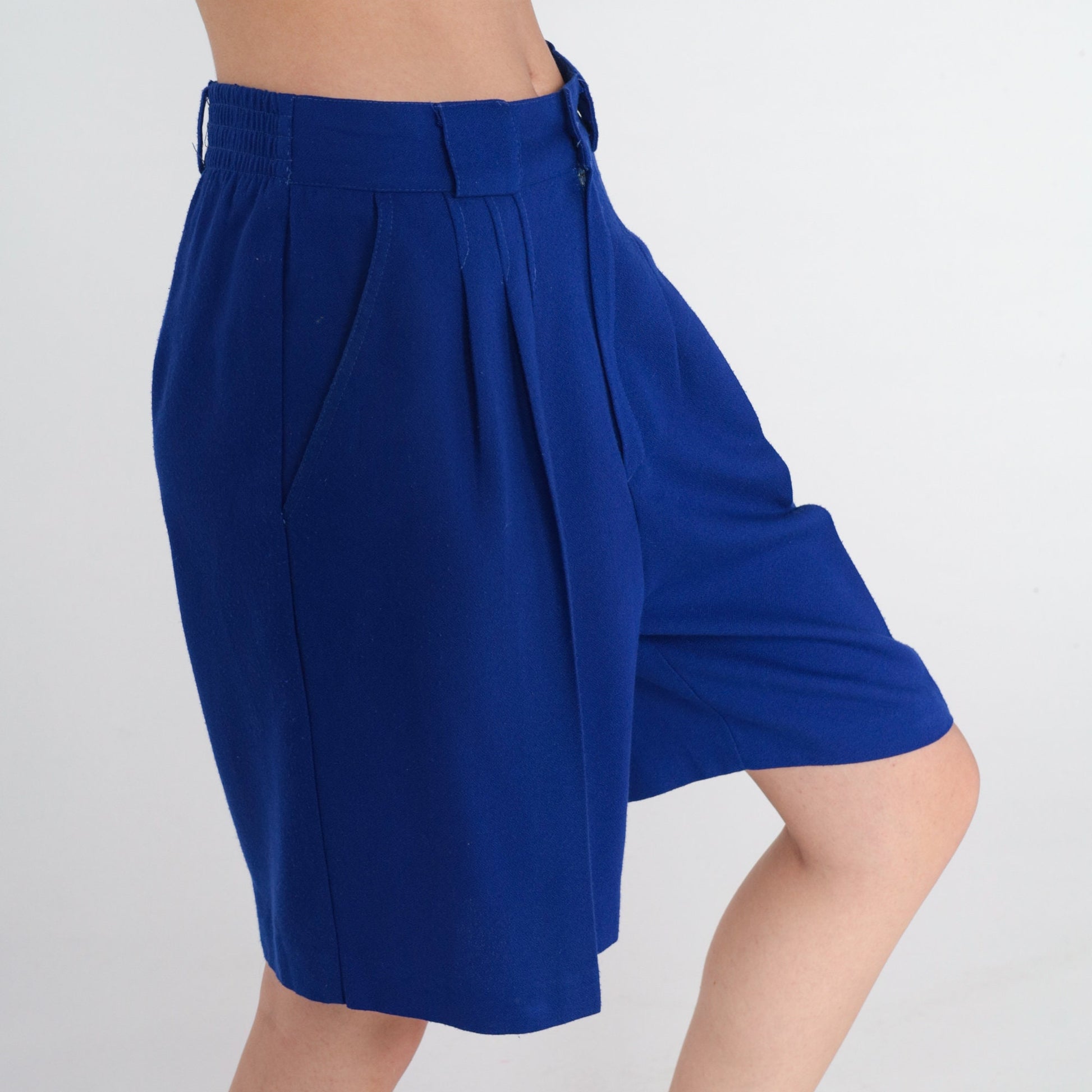 80s Blue Pleated High-Waisted Shorts Knee Length Medium