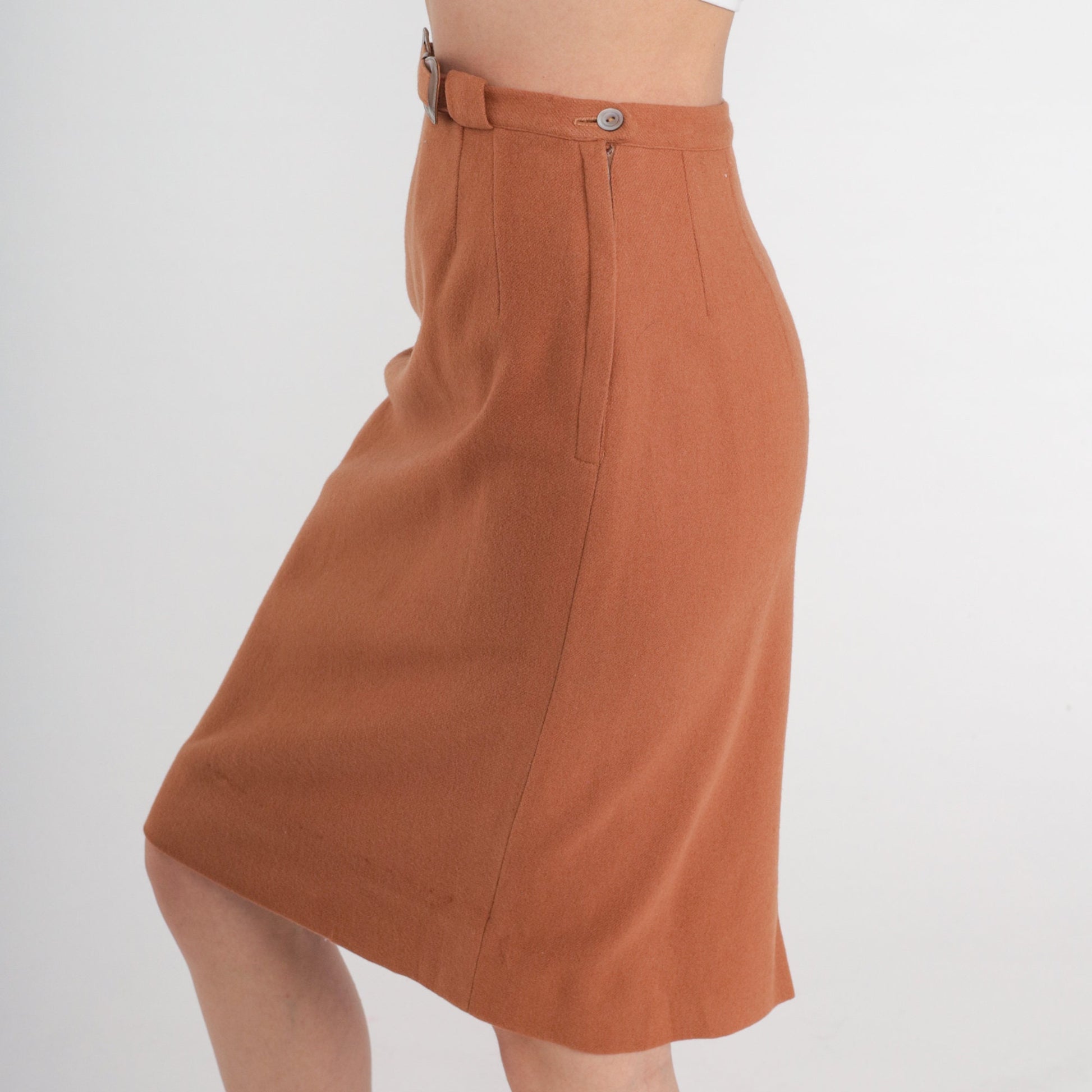70s Brown Wool Mini Pencil Skirt High Waist Rear Slit Small
