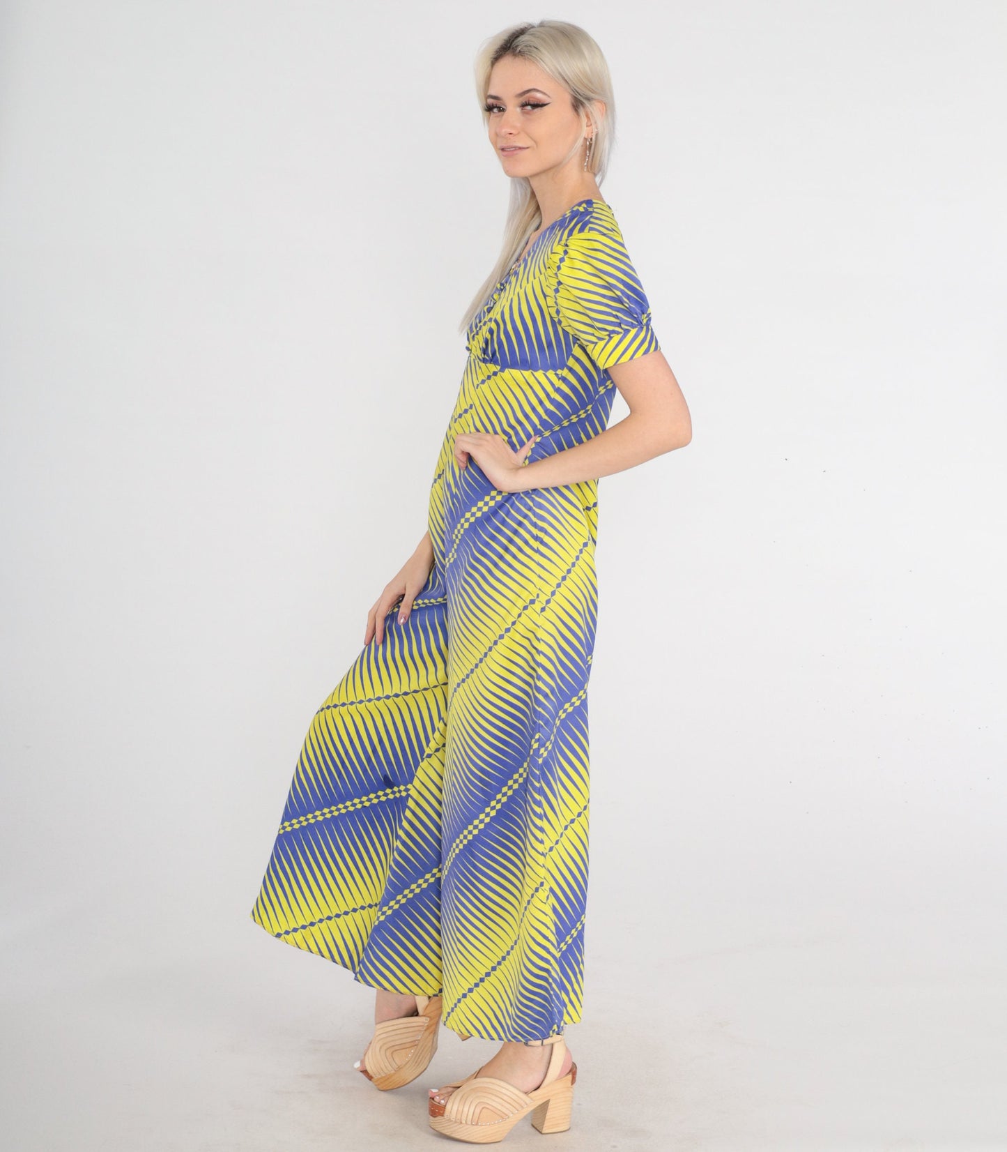 70s Jumpsuit Purple Yellow Striped Psychedelic Empire Waist Wide Leg Puff Sleeve XS