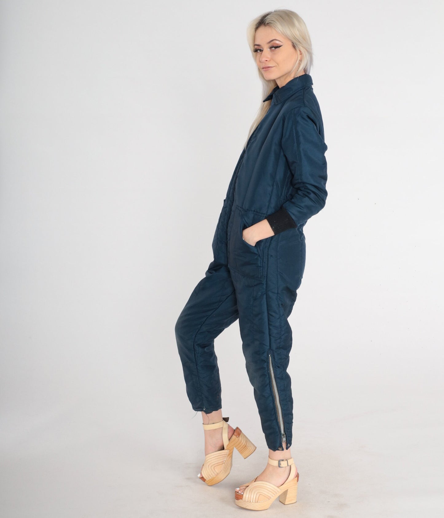 70s Snow Shield Navy Insulated Ski Suit Jumpsuit Ankle Zip XS