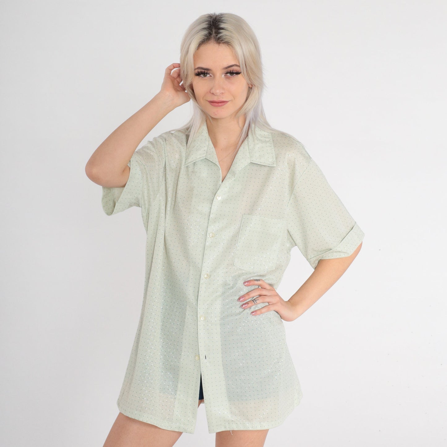 70s Pastel Green Polka Dot Button-Up Shirt Short Sleeve Collared Mens XL
