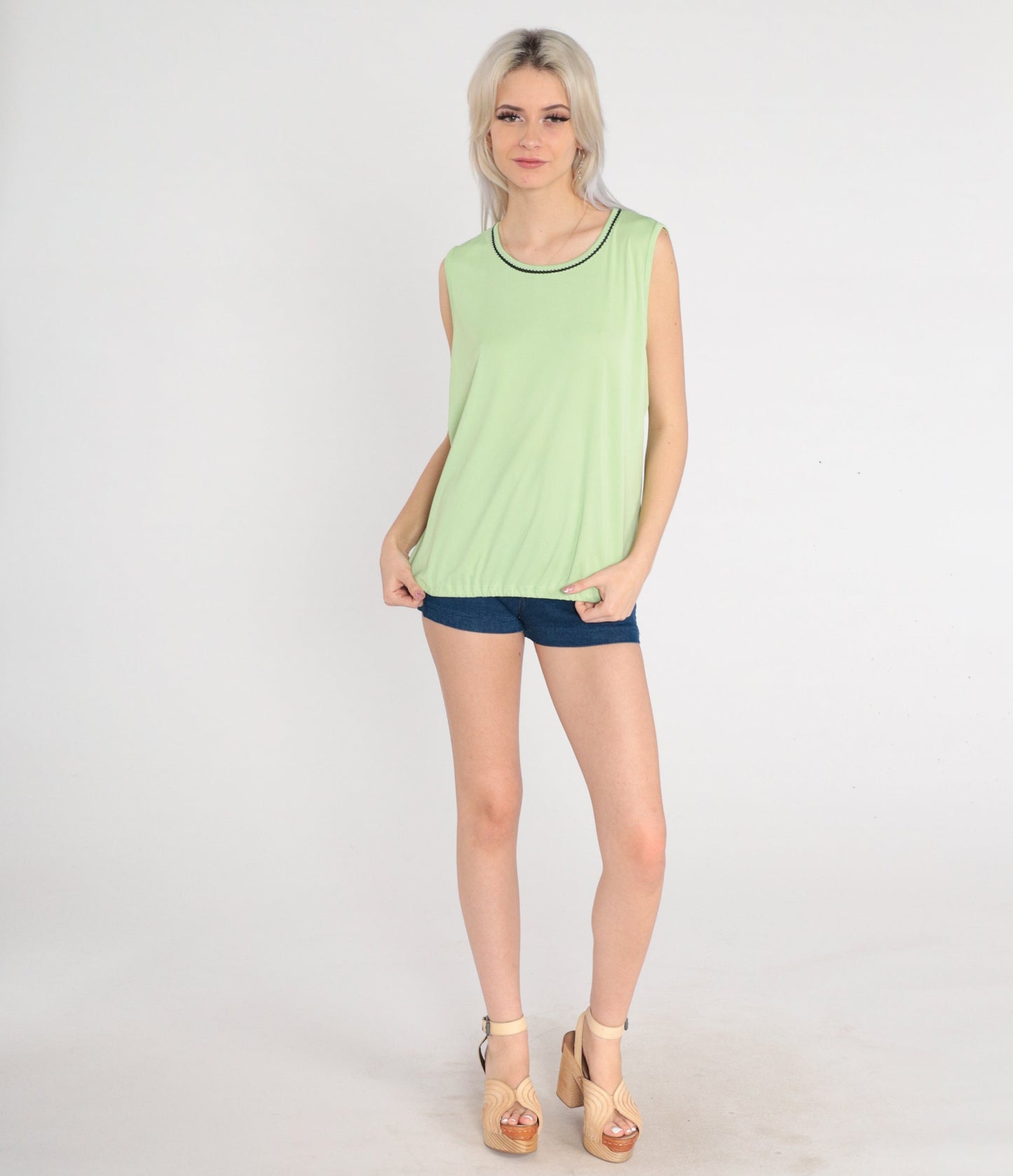 90s Green Tank Top Black Trim Sleeveless Shirt Large L