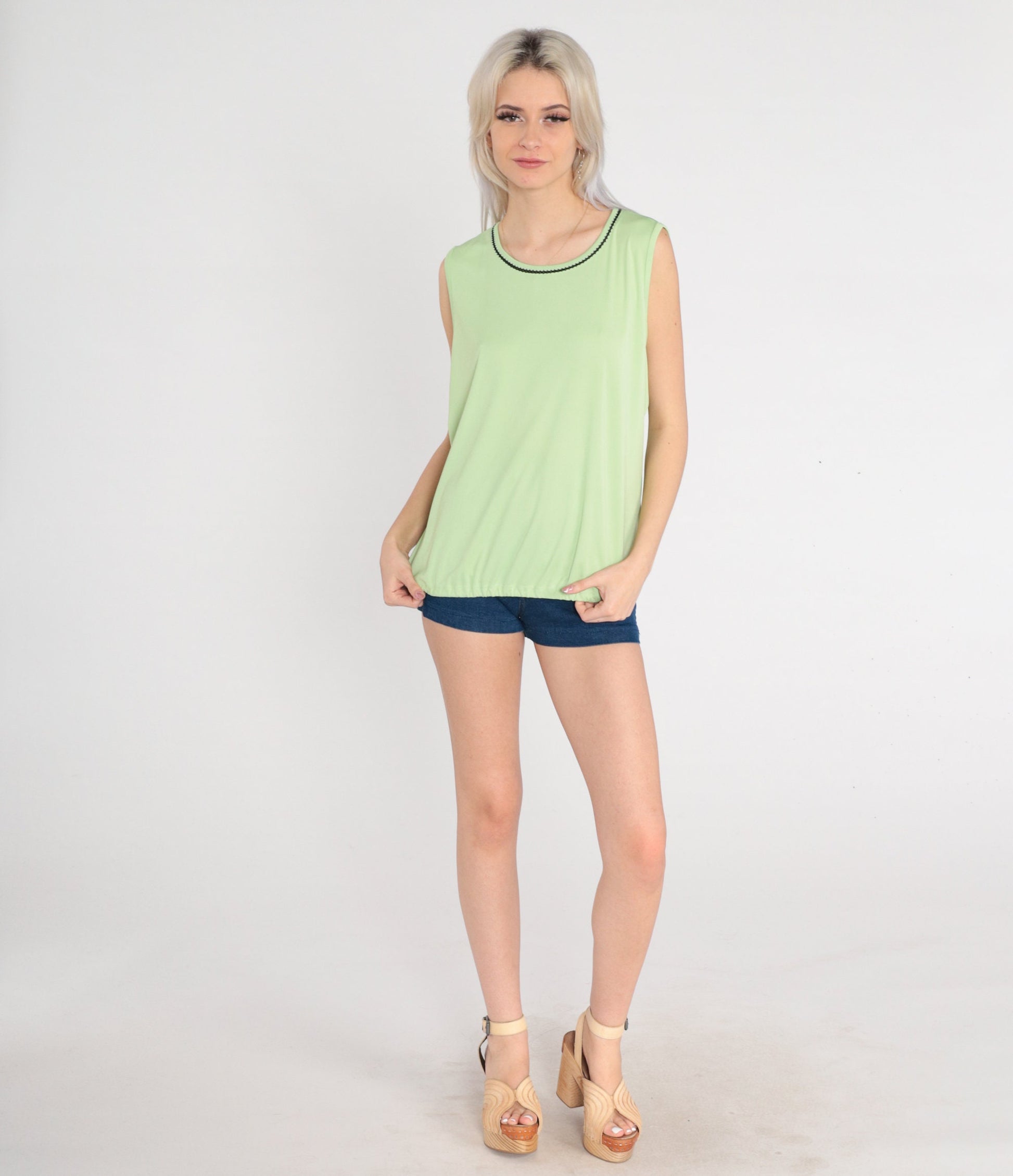 90s Green Tank Top Black Trim Sleeveless Shirt Large L