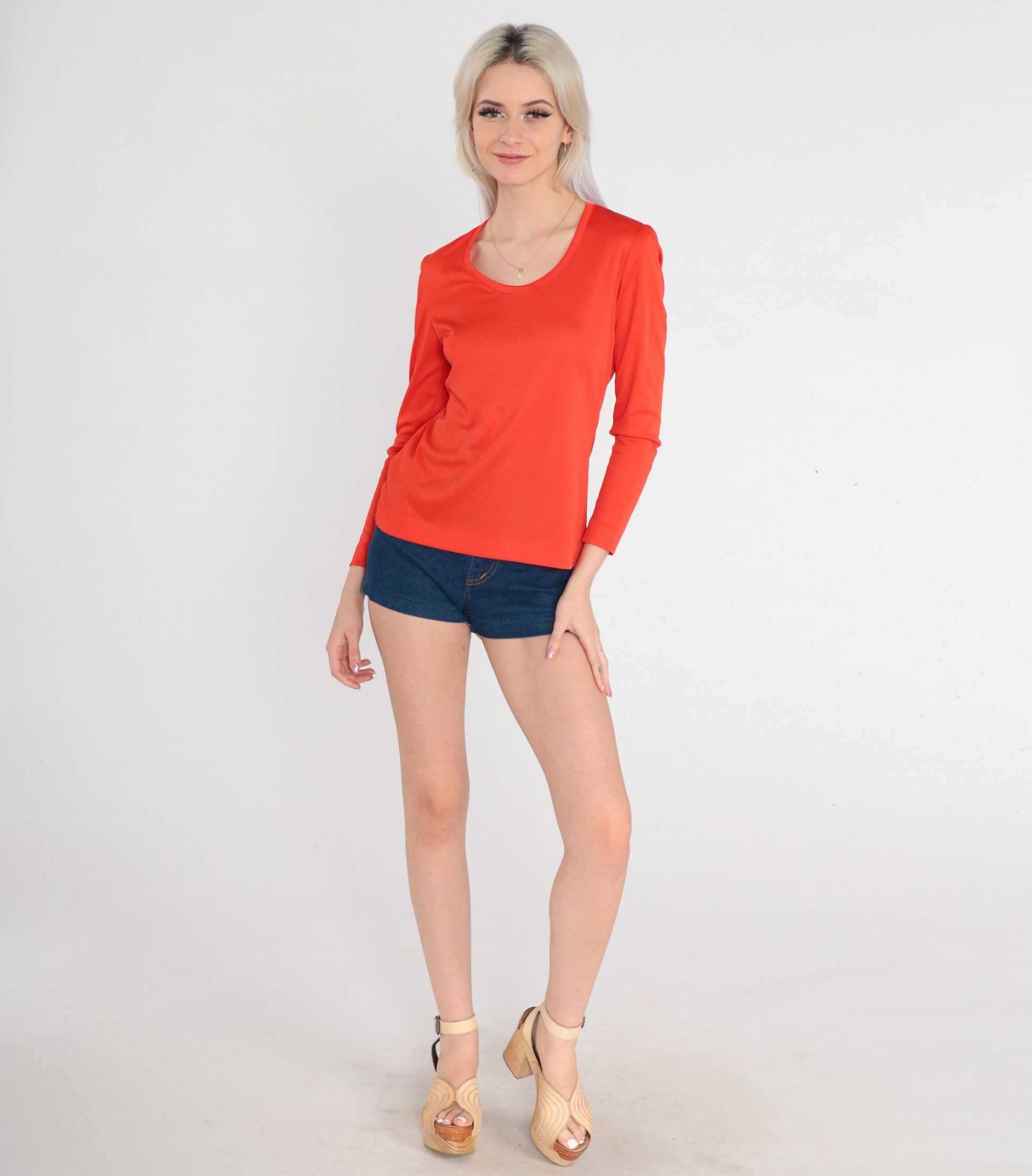 70s Red-Orange Scoop Neck Long Sleeve Shirt Small