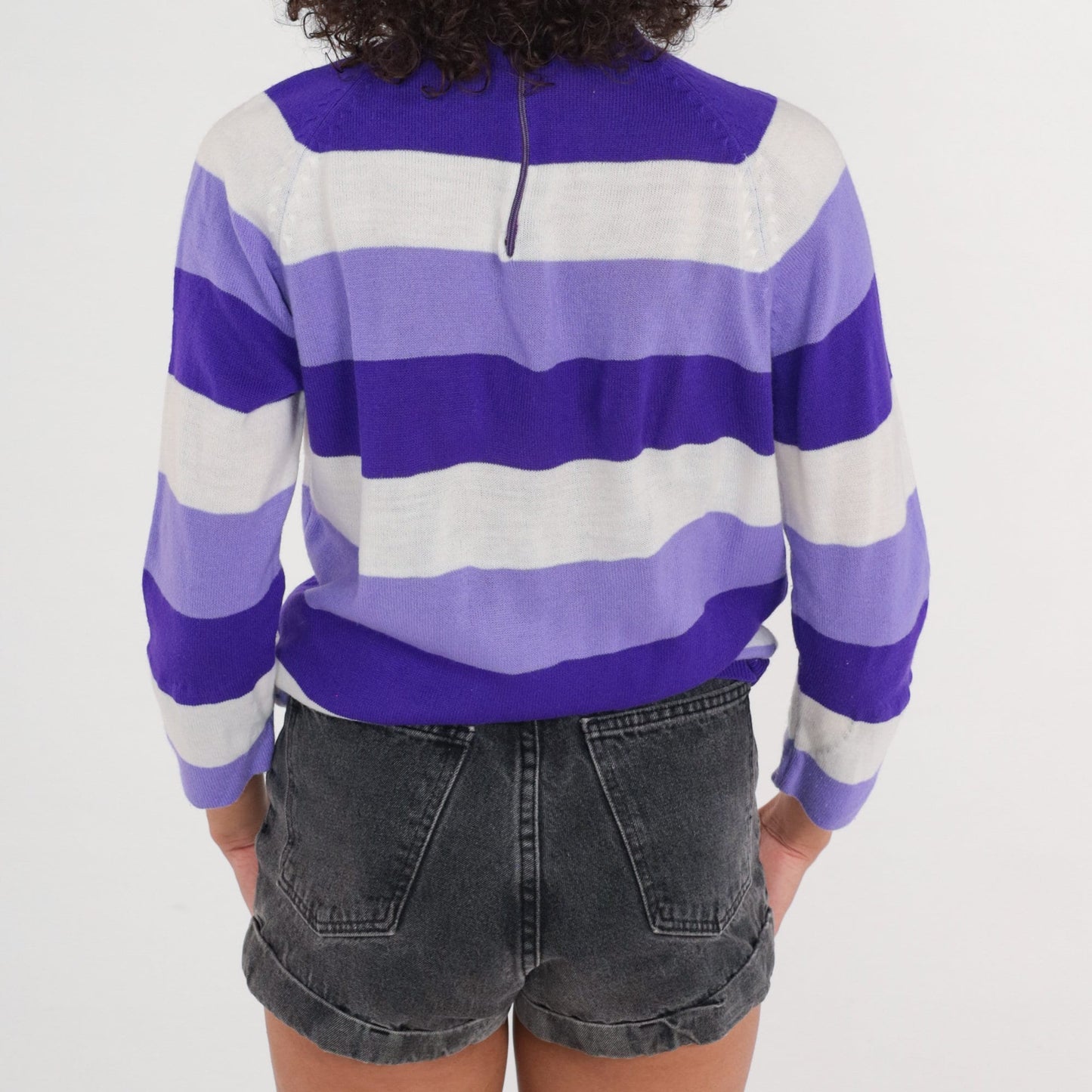 70s Striped Knit Sweater Purple Lavender White Raglan Sleeve Extra Small