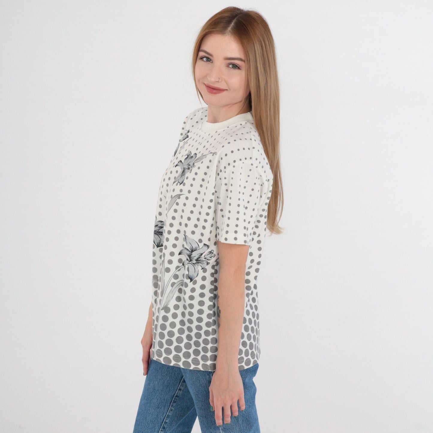 90s Floral Polka Dot Graphic Tee White Grey Cotton T-Shirt Large L
