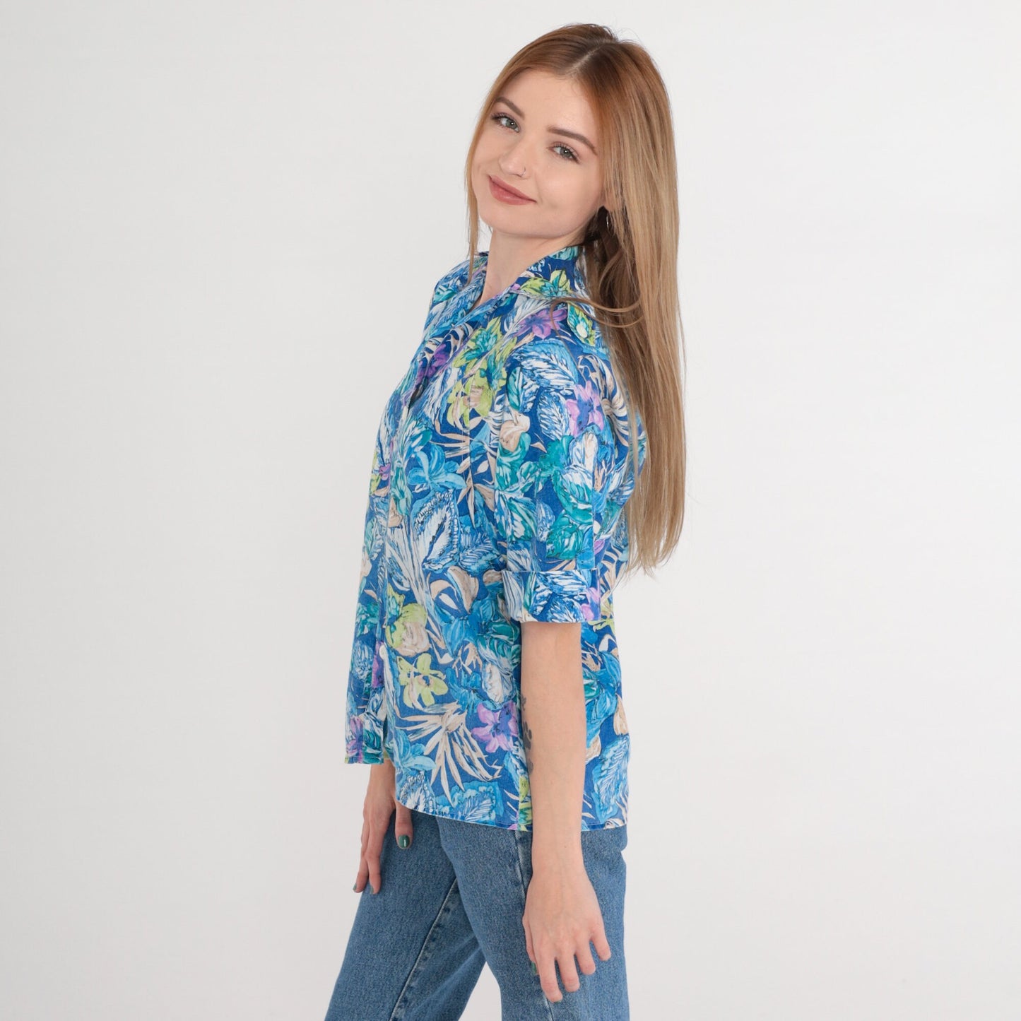90s Blue Floral Button-Up Blouse Short Cuffed Sleeve Green Purple Leaf Print Medium M