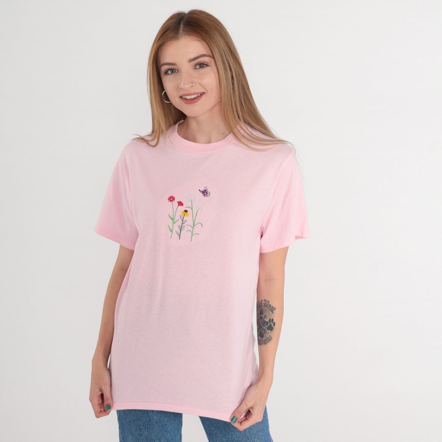 90s Pink Floral Butterfly T-Shirt Embroidered Rhinestone Cotton Small