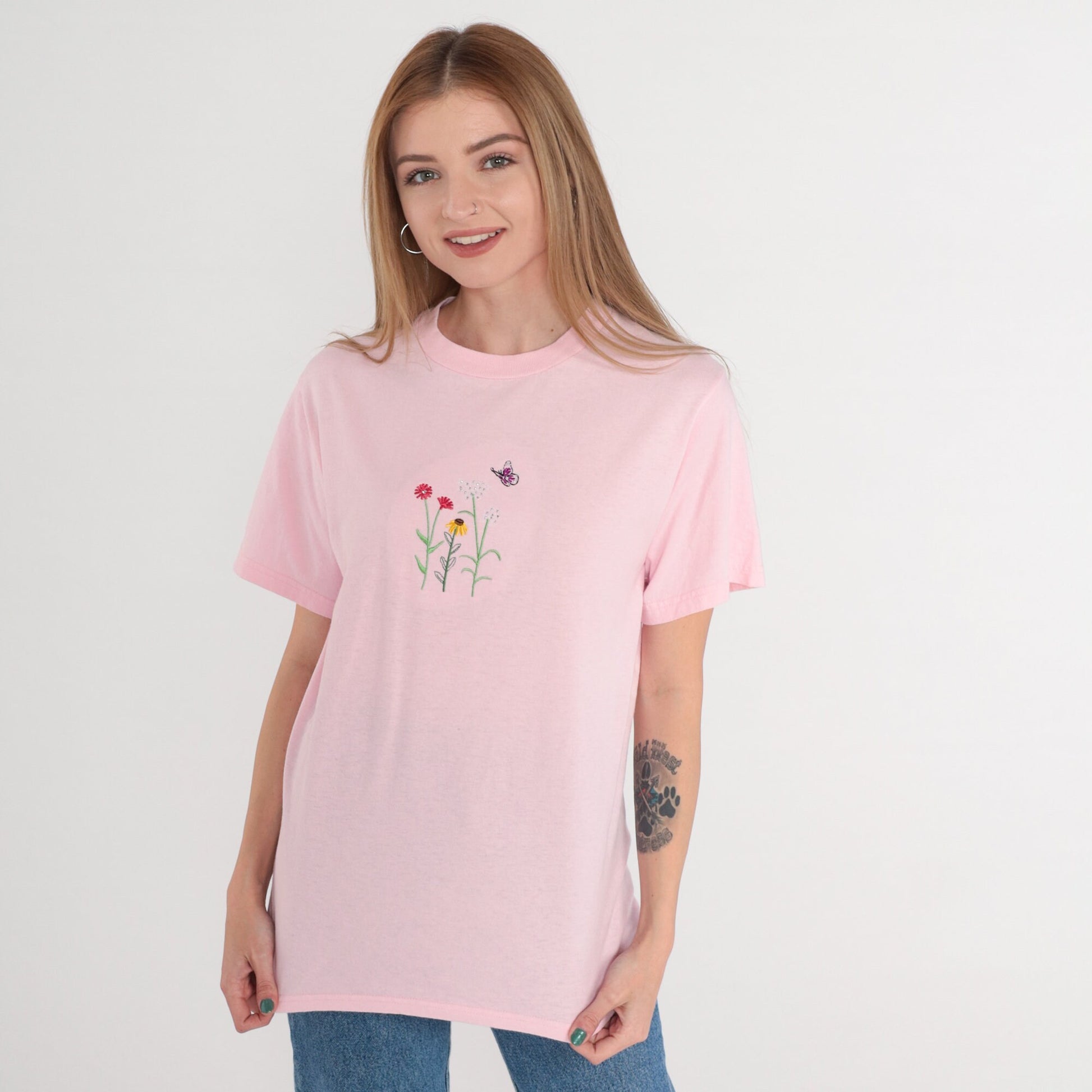 90s Pink Floral Butterfly T-Shirt Embroidered Rhinestone Cotton Small