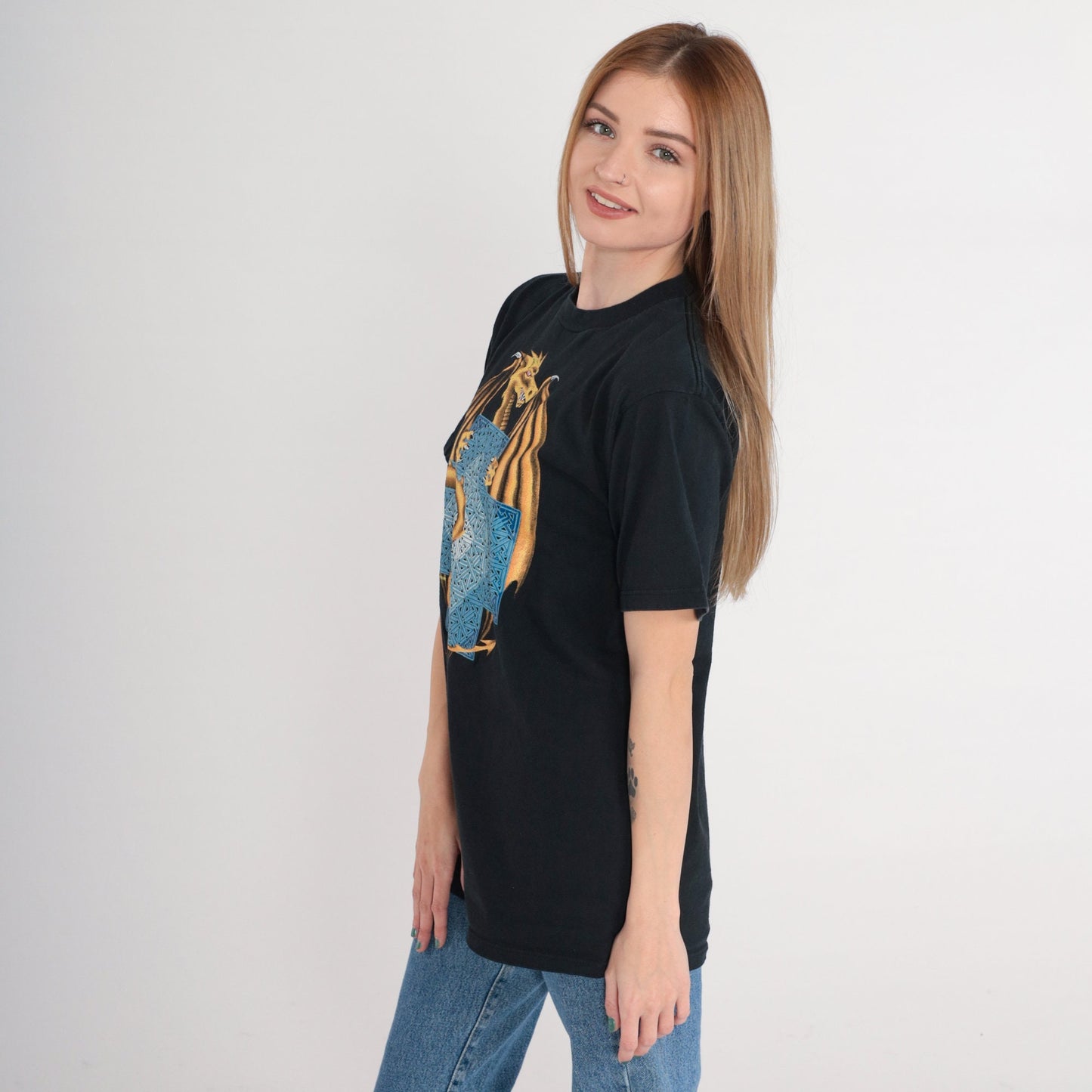 90s Dragon Sacred Geometry Graphic T-Shirt Black Medium M