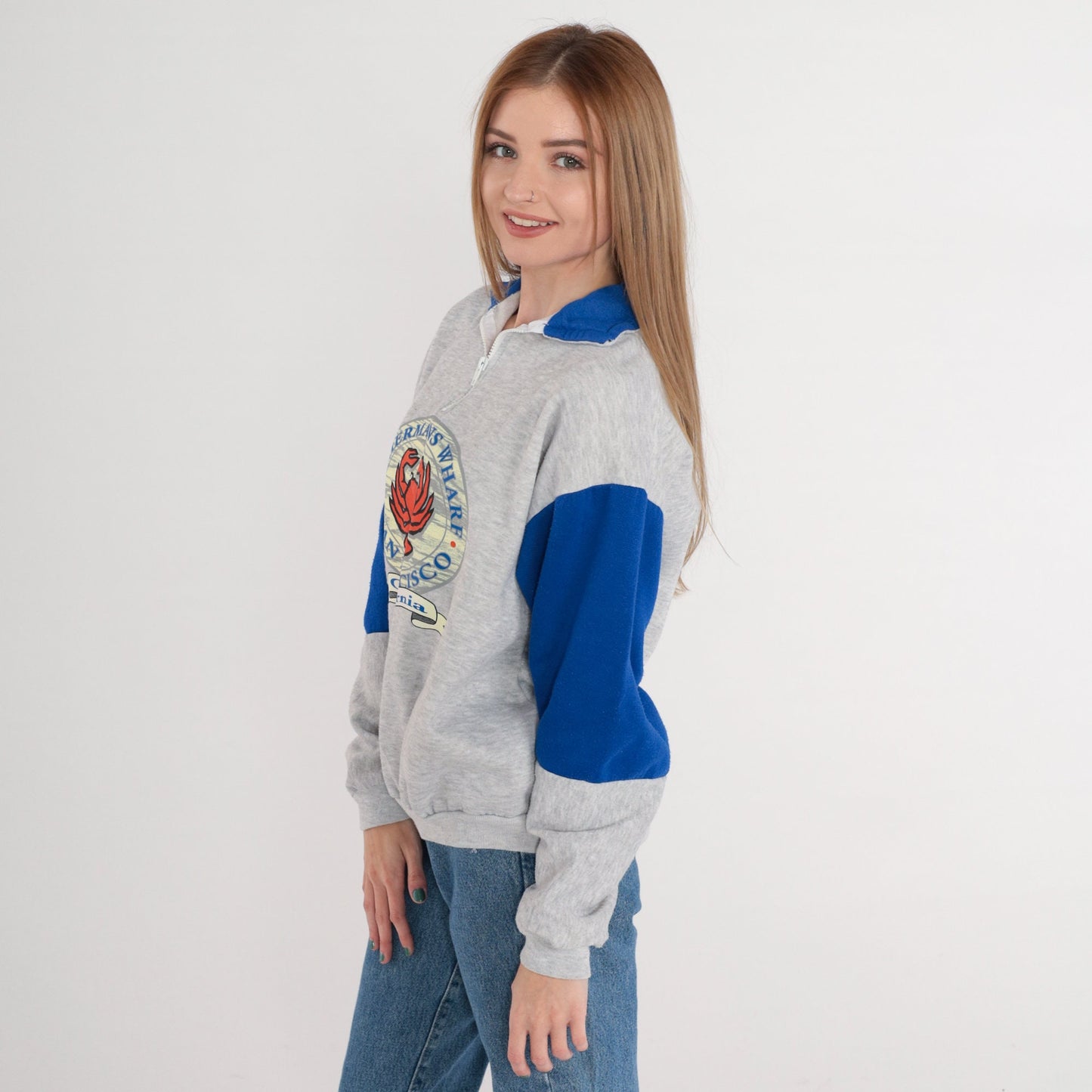 80s San Francisco Fisherman's Wharf Crab Graphic Sweatshirt Quarter Zip Grey Medium