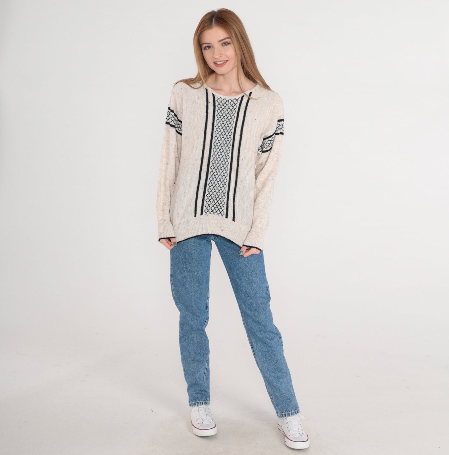 80s Gitano Striped Checkered Knit Sweater Oatmeal Black Small