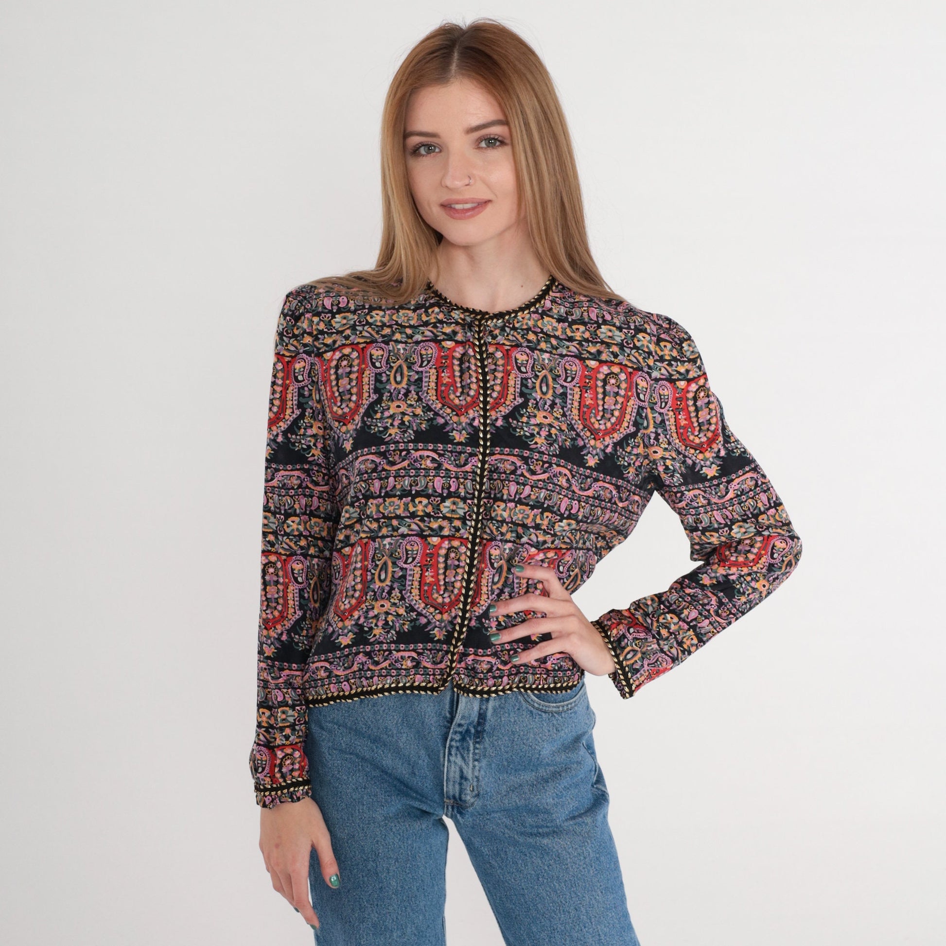 90s Maggie London Silk Blouse Black Paisley Floral Puff Sleeve Medium