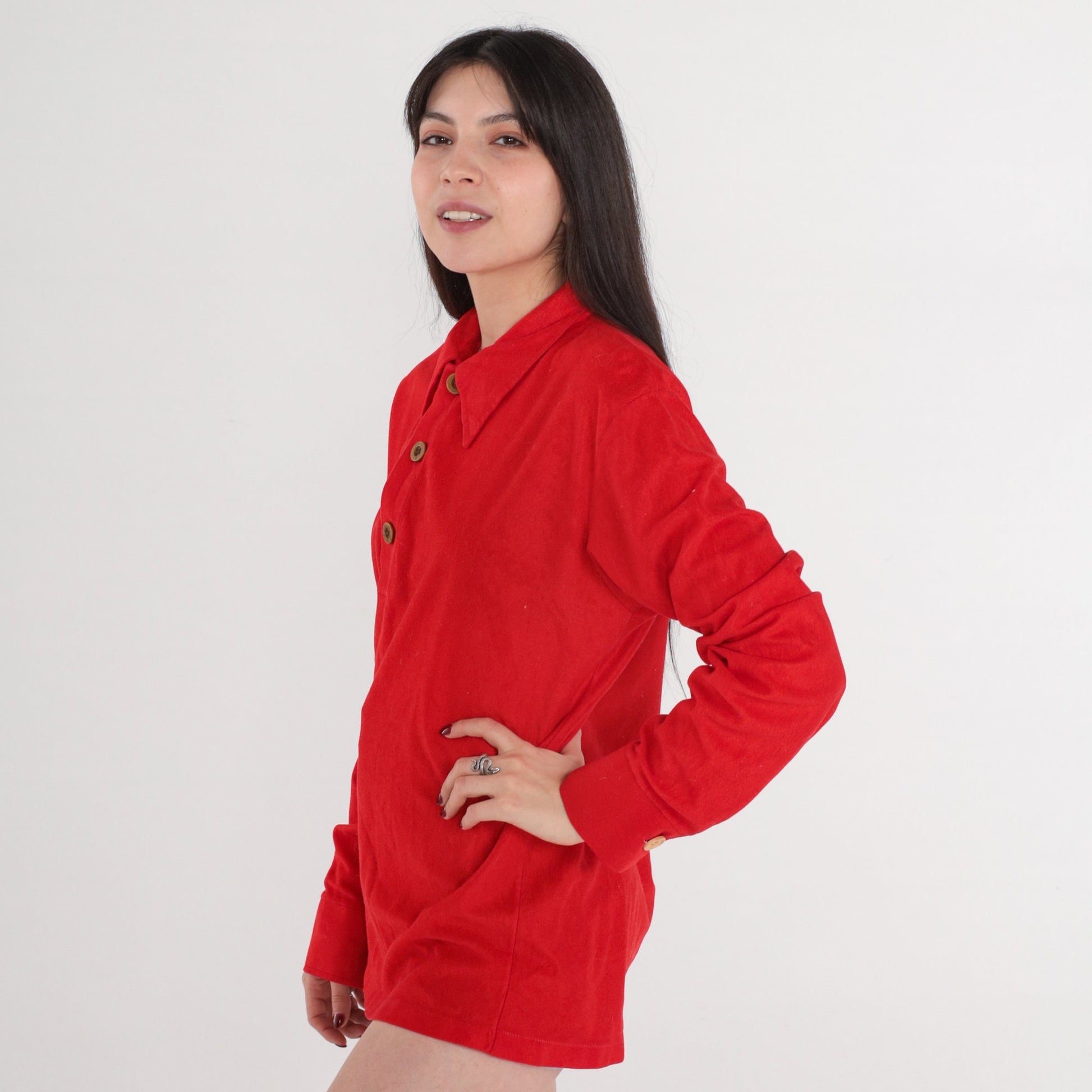 70s Red Velour Polo Shirt Long Sleeve Dagger Collar Quarter Button Large